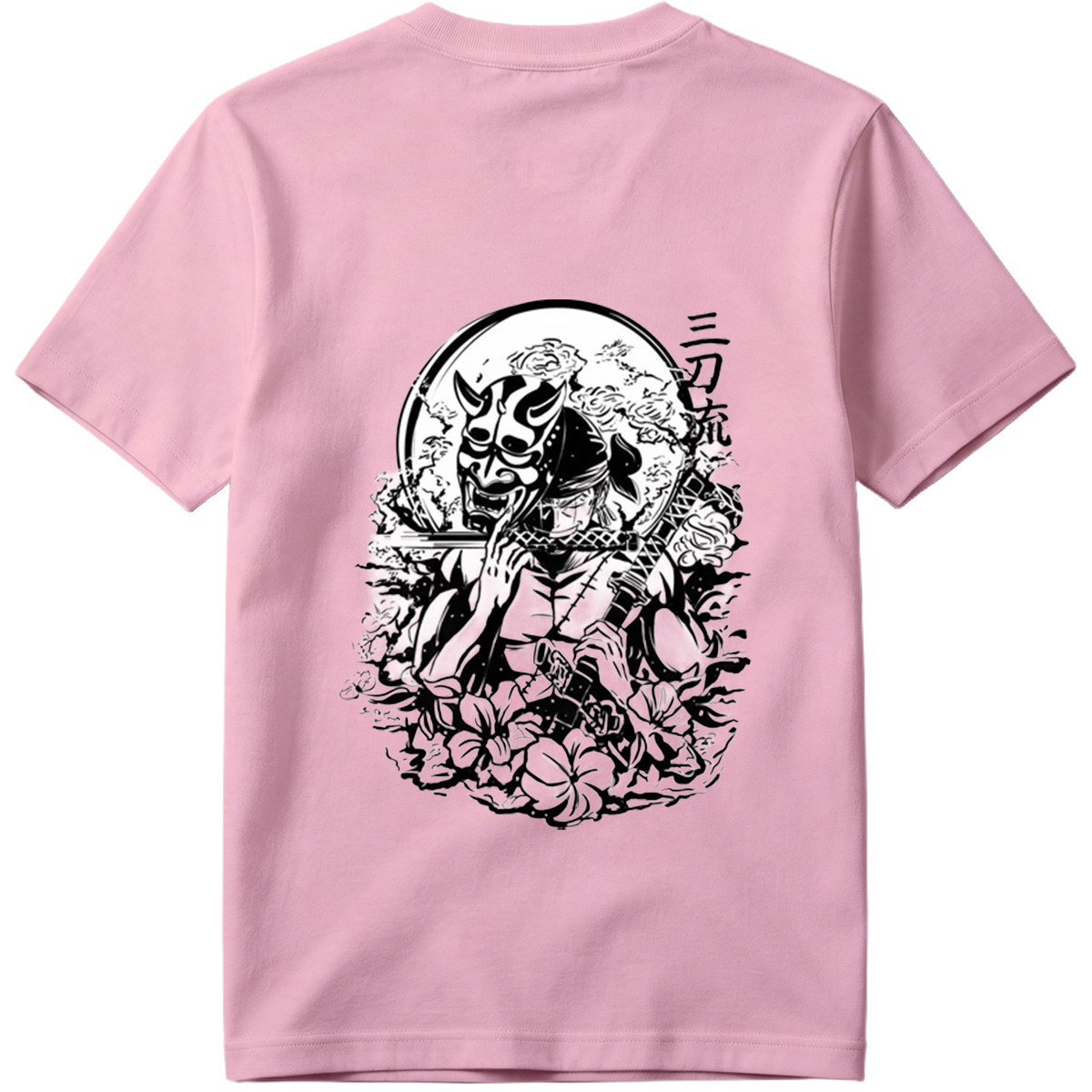 Samurai with Oni Mask and Katana in Floral Scene - Tee