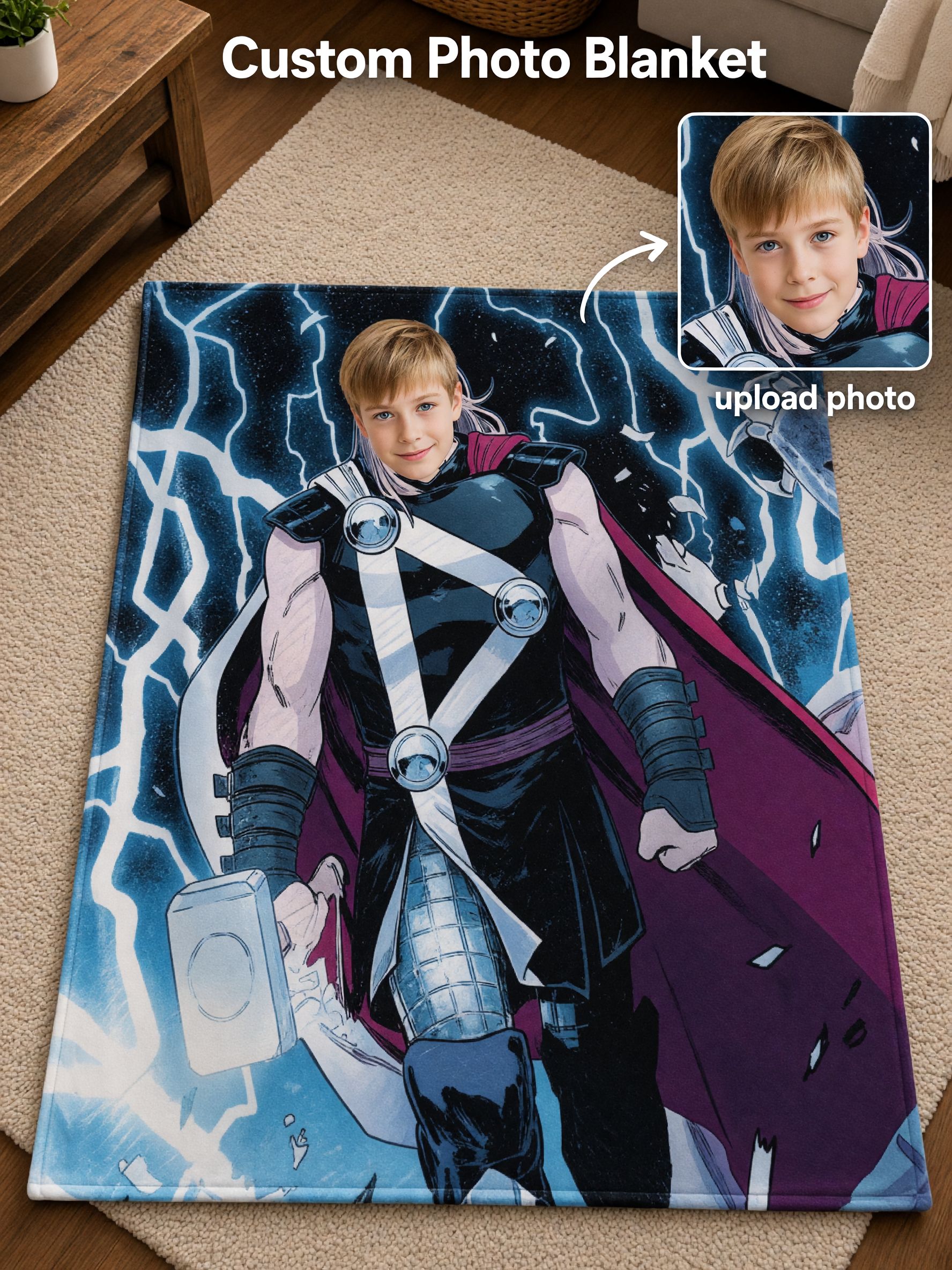 Personalized Face Superhero Flannel Blanket, Custom Photo Cozy Throw for Kids and Comic Fans, Ideal Warm Gift