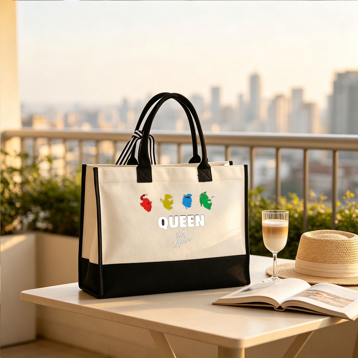 Queen - Hot Space Album Cover Featuring Band Members in Colorful Silhouettes - Canvas patchwork gift tote bag
