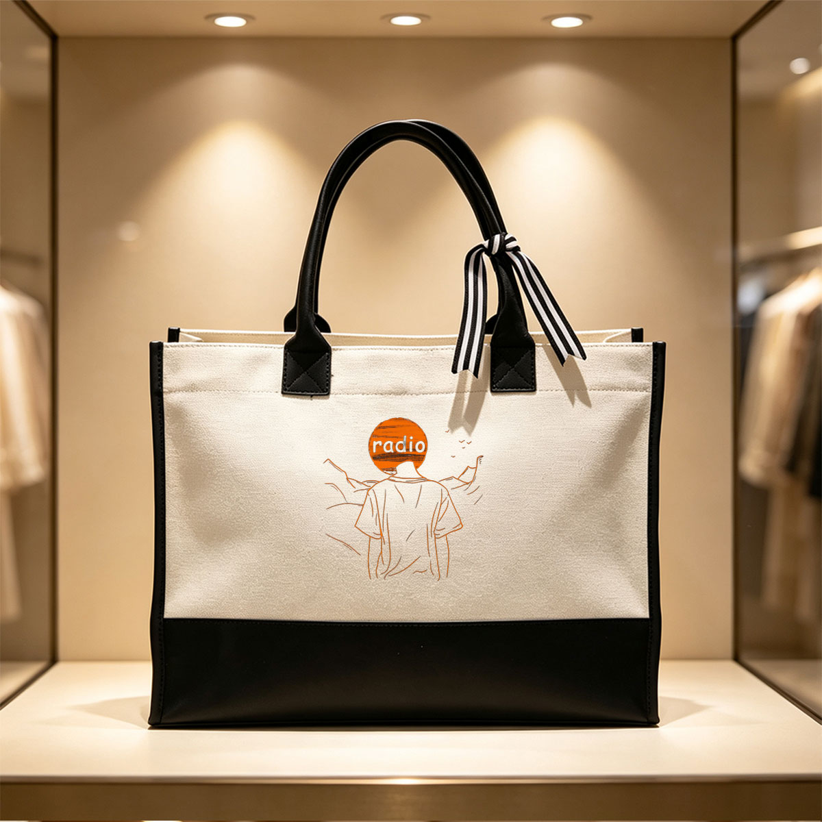 Radio Head Silhouette with Orange Moon Background - Canvas patchwork gift tote bag