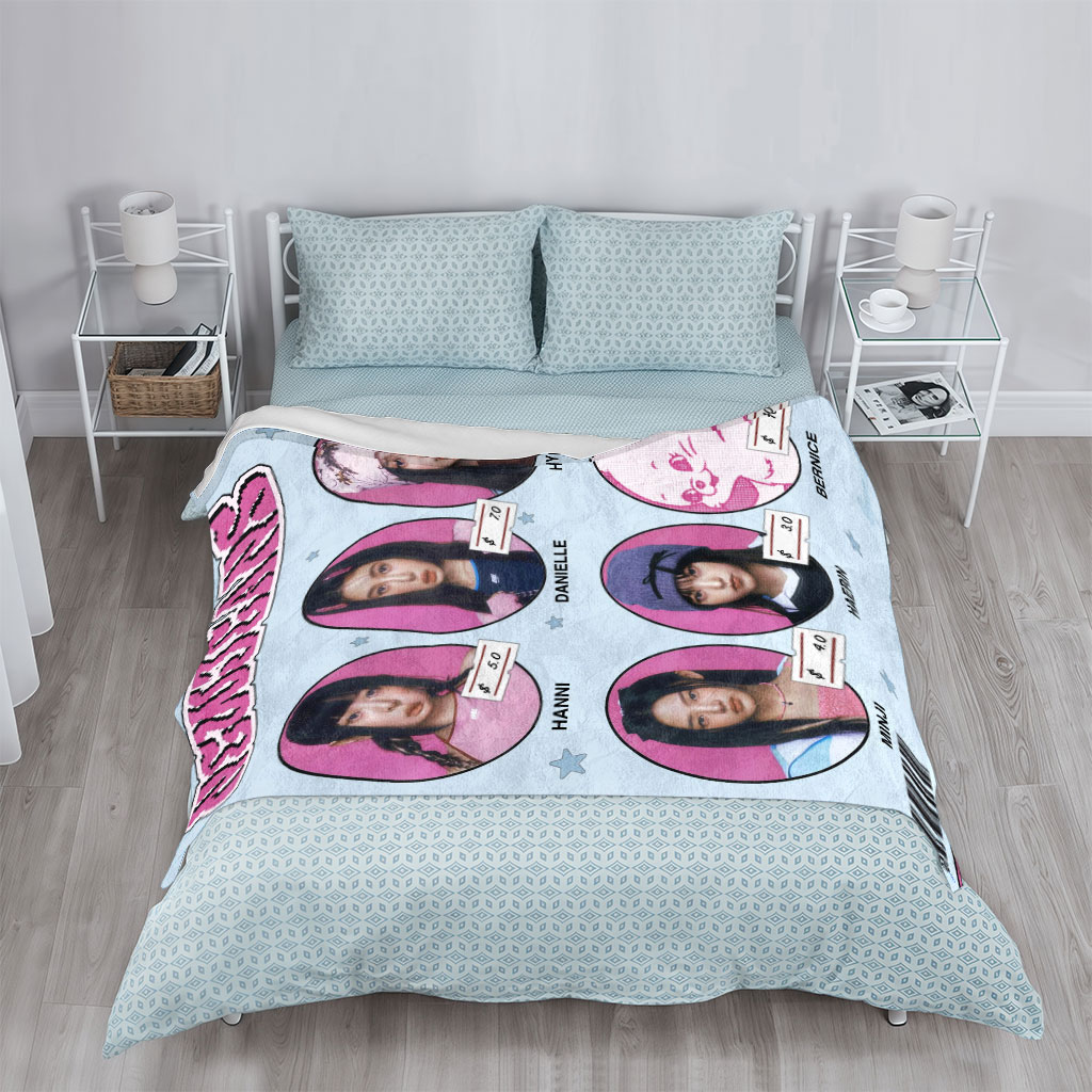 NEWJEANS Members in Pink-Themed Portrait Collage with Price Tags and Cartoon Character - Blankets