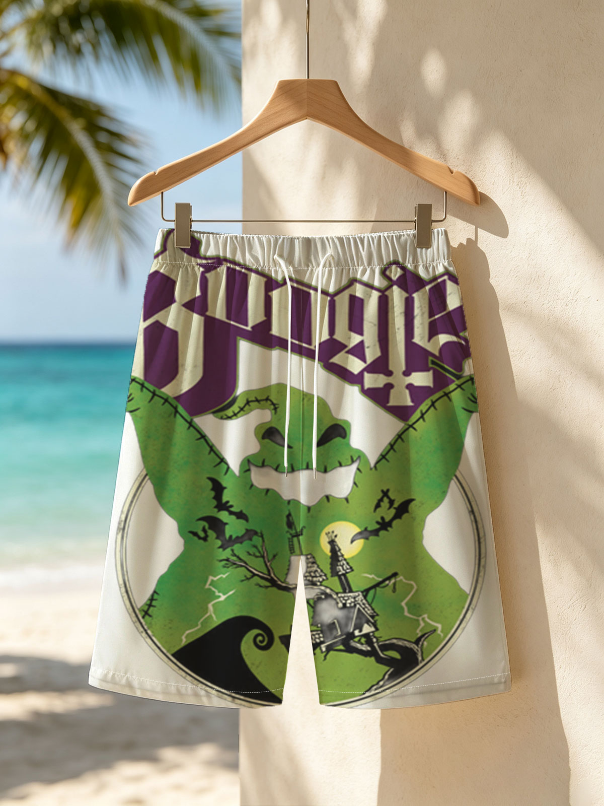 Boogie: Green Monster with Spooky Castle and Bats -  Beach shorts