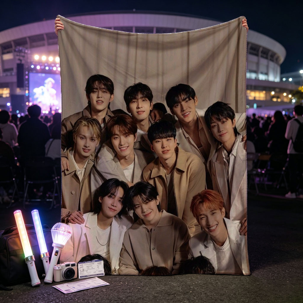 SEVENTEEN Group Photo in Coordinated Beige Outfits Posing Together for a Warm and Stylish Portrait - Blankets