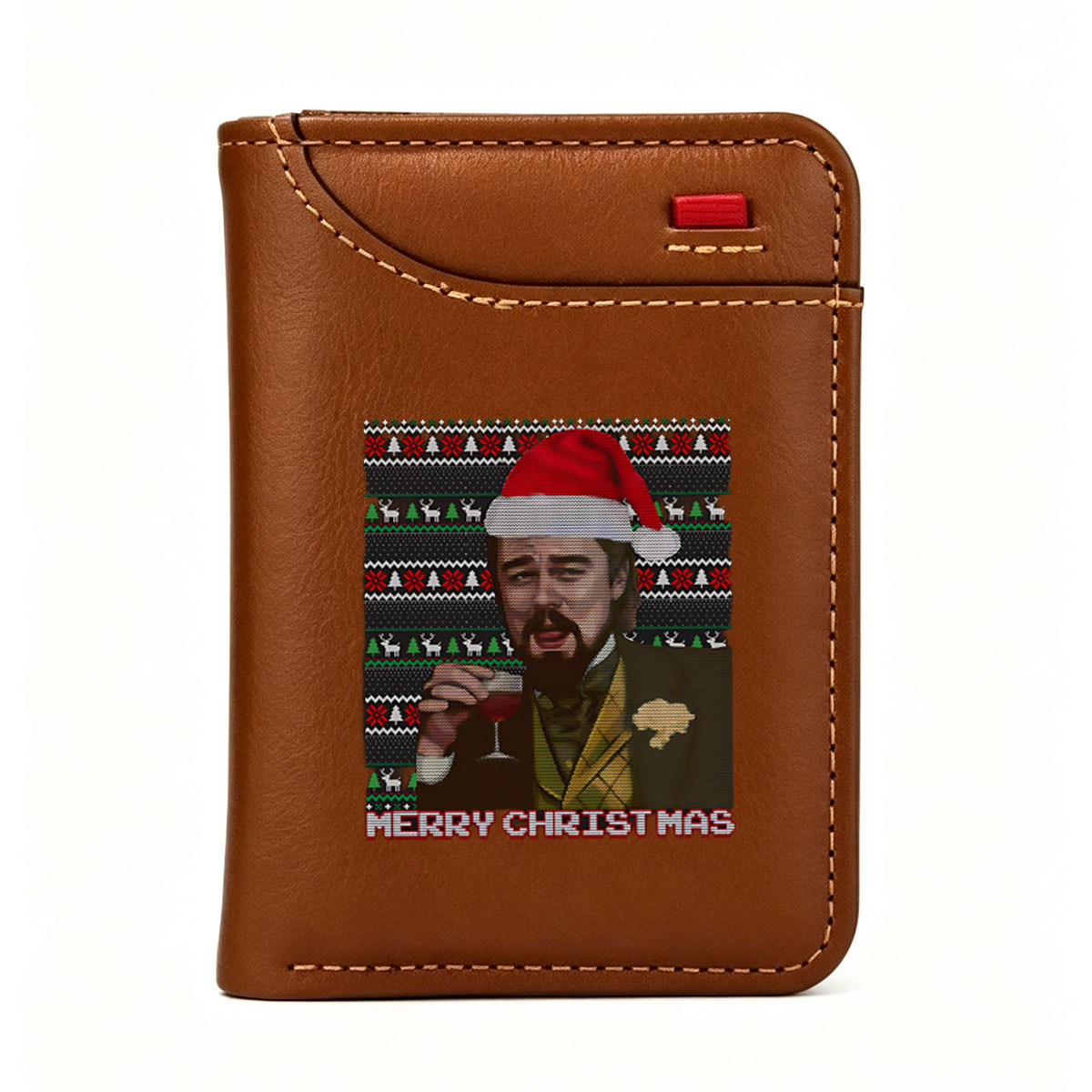 Ricky Gervais in Santa Hat Holding Wine, Christmas Sweater Background, Merry Christmas Text - Vertical Style Wallet