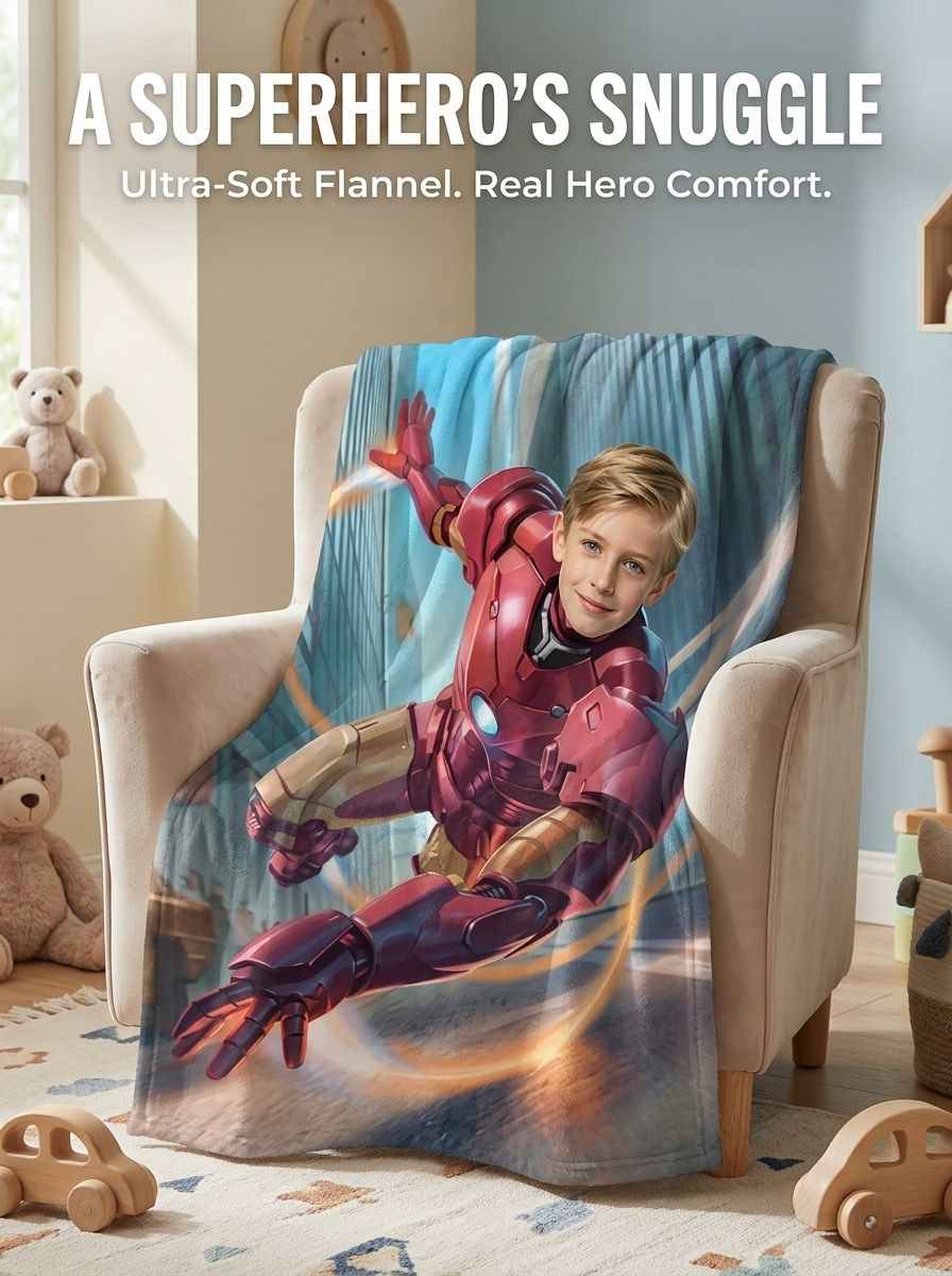 Personalized Custom Face Superhero Flannel Blanket Ultra Soft Plush Photo Throw Ideal Keepsake Gift for Kids and Family