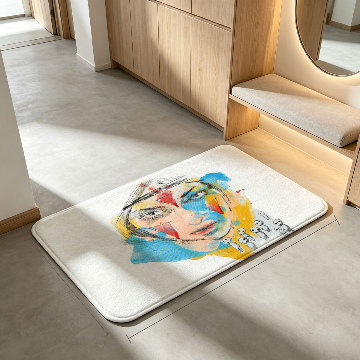 Abstract Portrait with Colorful Geometric Patterns and Miniature Figures - Flannel floor mat