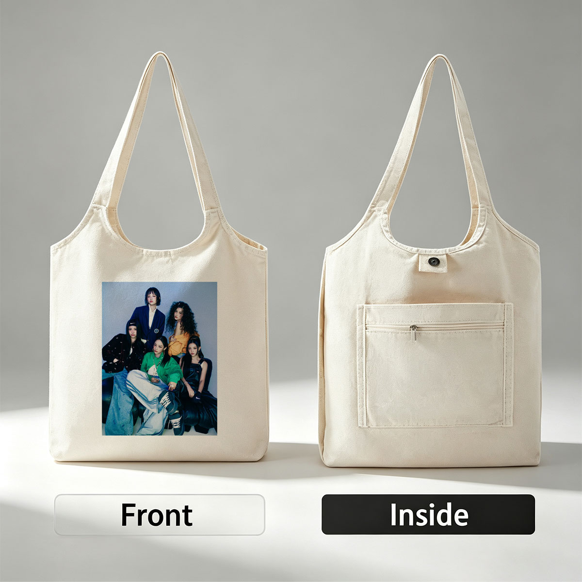 NewJeans Group Photo - Five Members in Stylish Outfits Posed Against a Blue Background - Canvas shoulder bags/