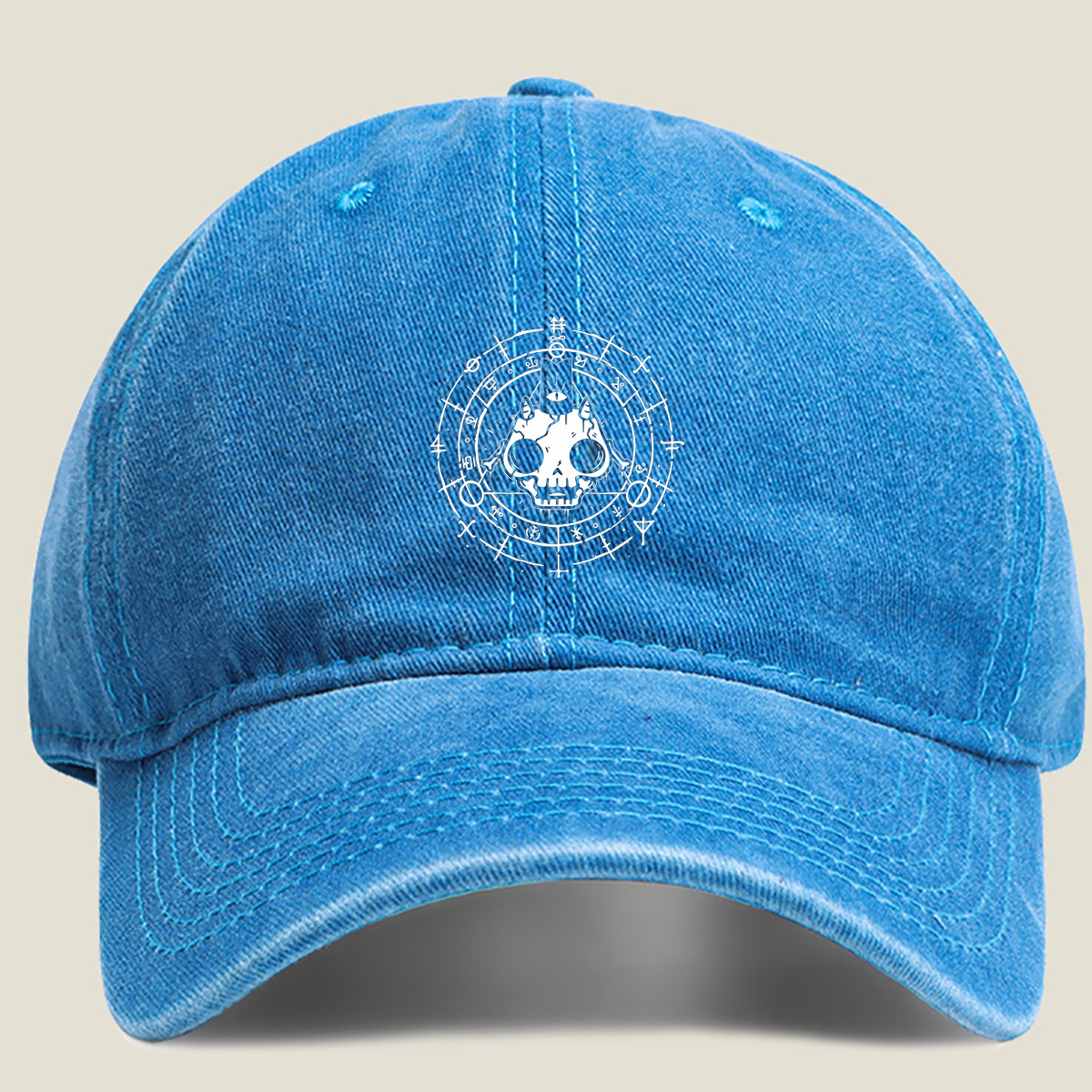 Skull with Horns and Mystical Symbols - Washed Denim - Baseball Cap
