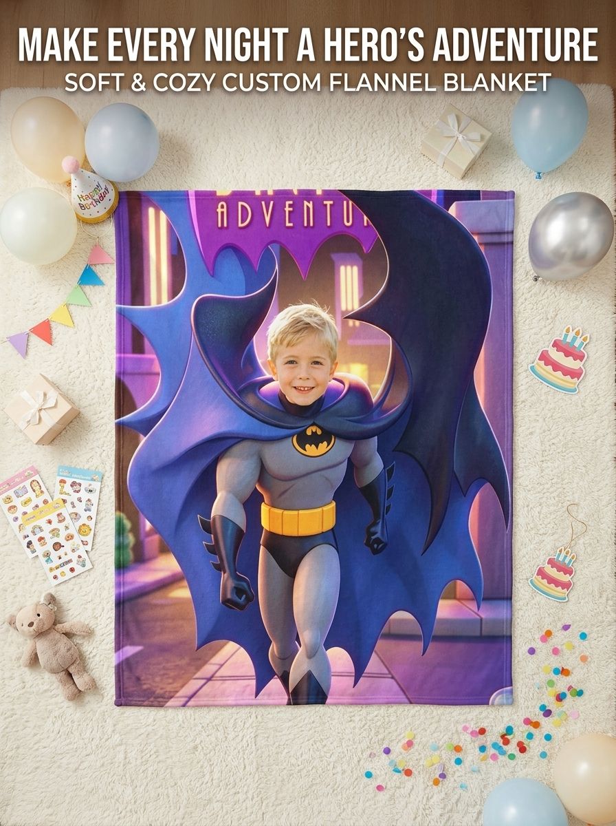 Custom Face Photo Superhero Flannel Blanket Personalized Cozy Warm Plush Throw for Kids Family Birthday Gift