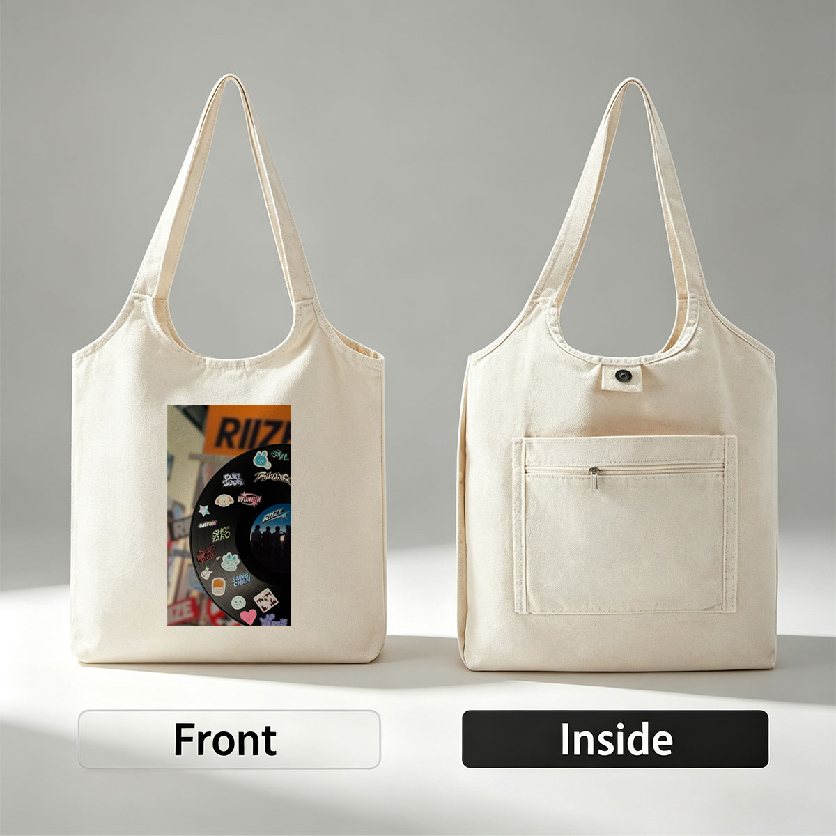 RIIZE Vinyl Record with Member Stickers and Band Logo Displayed in Store Window - Canvas shoulder bags/