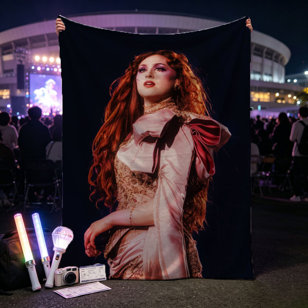 Katy Perry in a Dramatic Performance Scene Wearing a Pink Satin Outfit with Elegant Makeup and Long Red Hair - Blankets