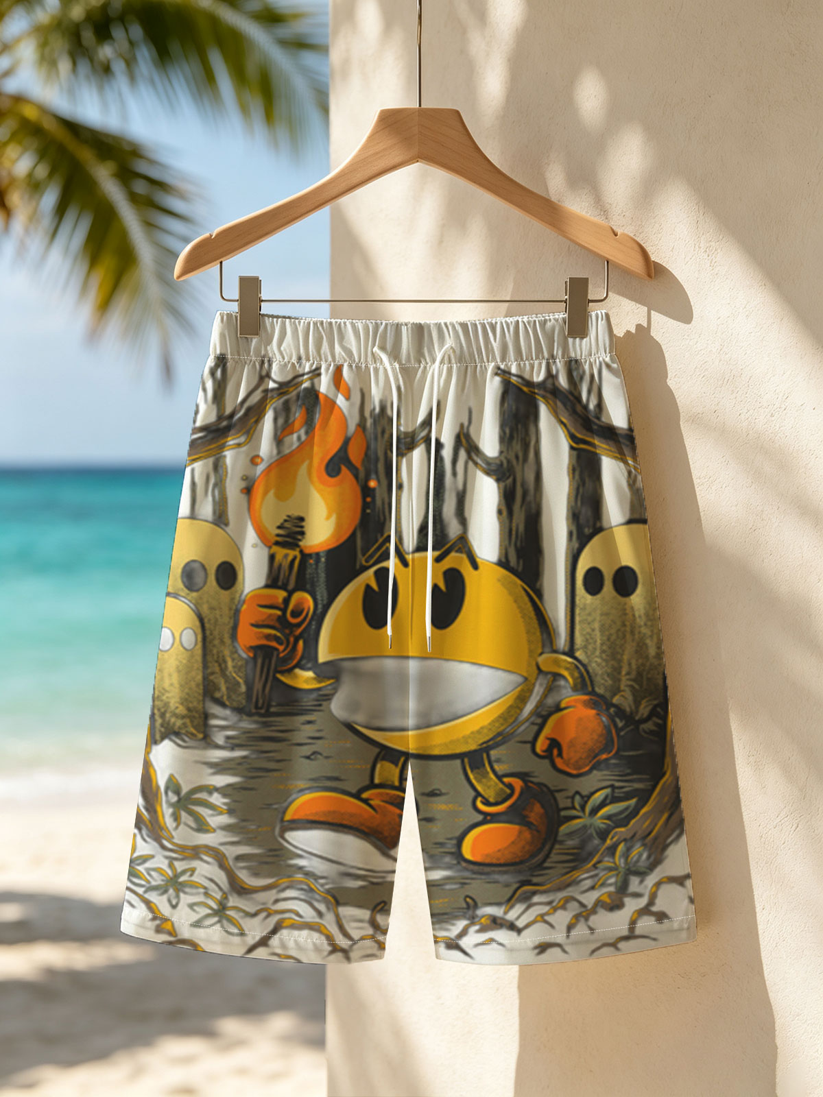 Pac-Man in the Haunted Forest with Ghosts and Torch -  Beach shorts