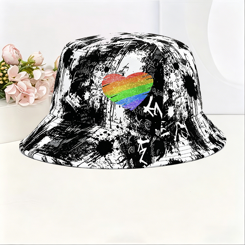 Unisex Classic Graffiti Bucket Hat with Rainbow Heart Glitter Print | Casual Streetwear Accessory for Outdoor Activities, Festival, Daily Wear | Perfect for Adults Seeking Bold Fashion Statement