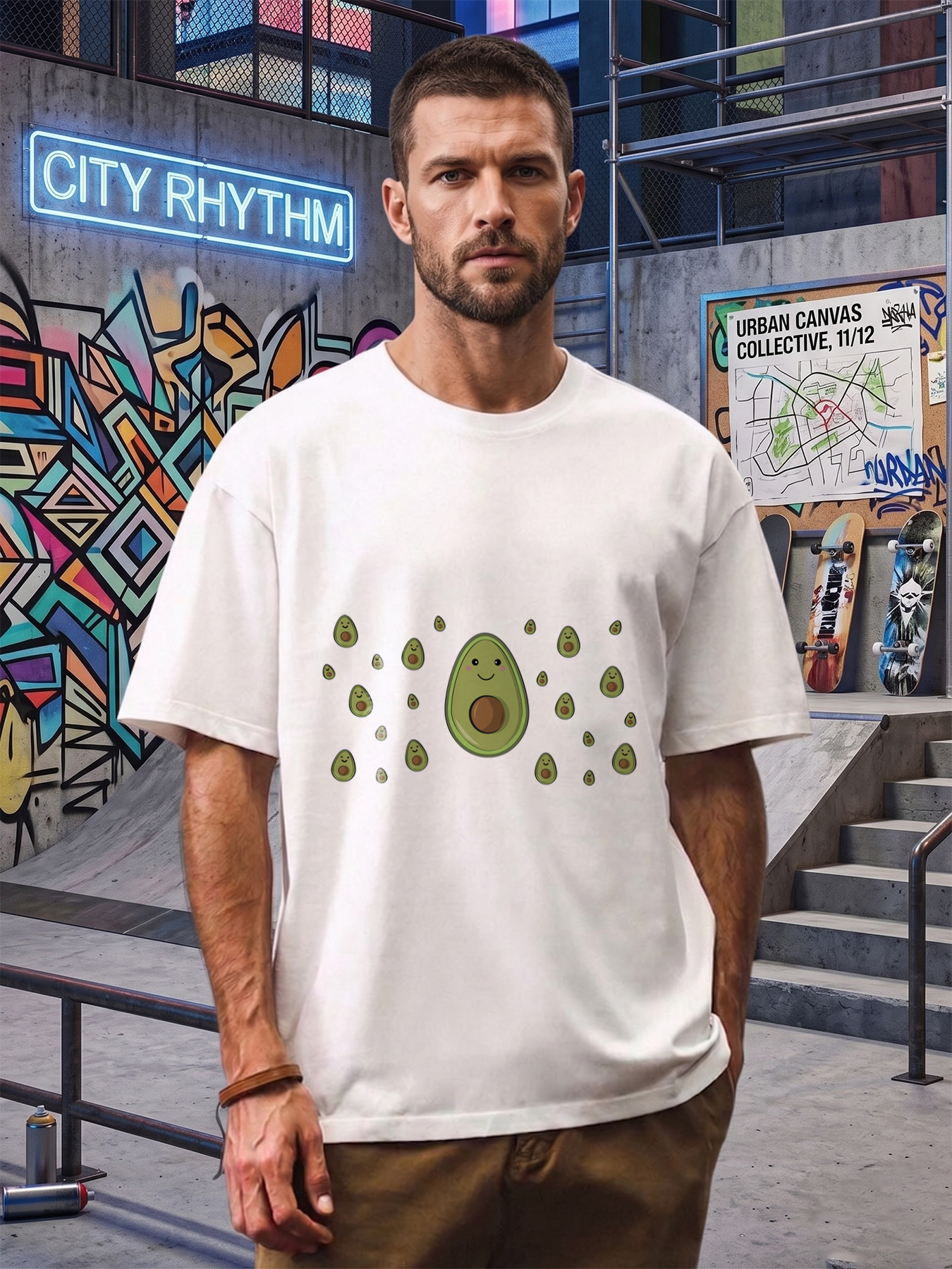 Men's Avocado Print T-Shirt Cute Smiling Avocado Pattern Casual Round Neck Summer Lightweight Breathable Short Sleeve Tee for Everyday Wear and Outdoor Activities Adult Unisex Fashion Top