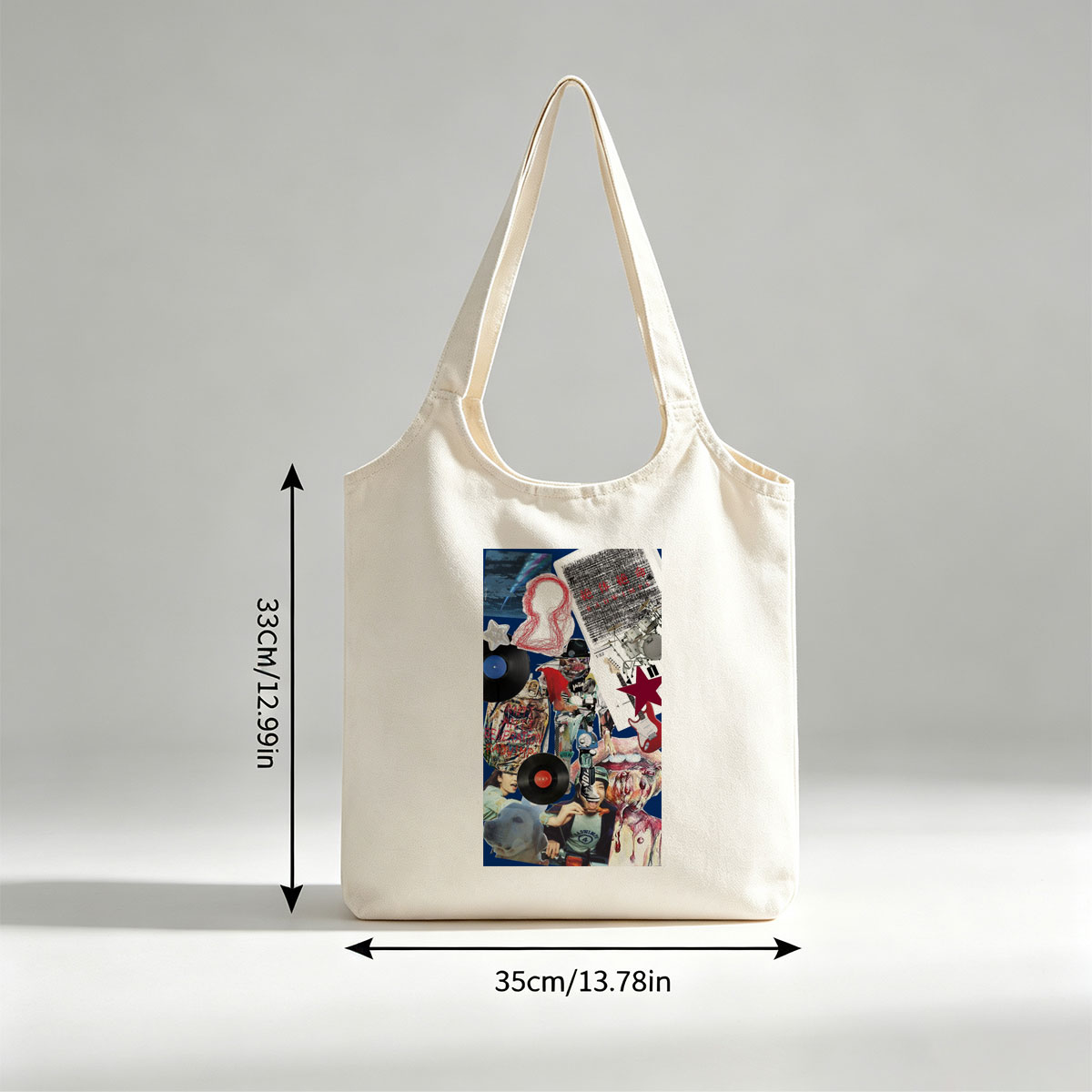 BTS Music Collage Featuring Vinyl Records, Guitars, and Artistic Elements - Canvas shoulder bags/
