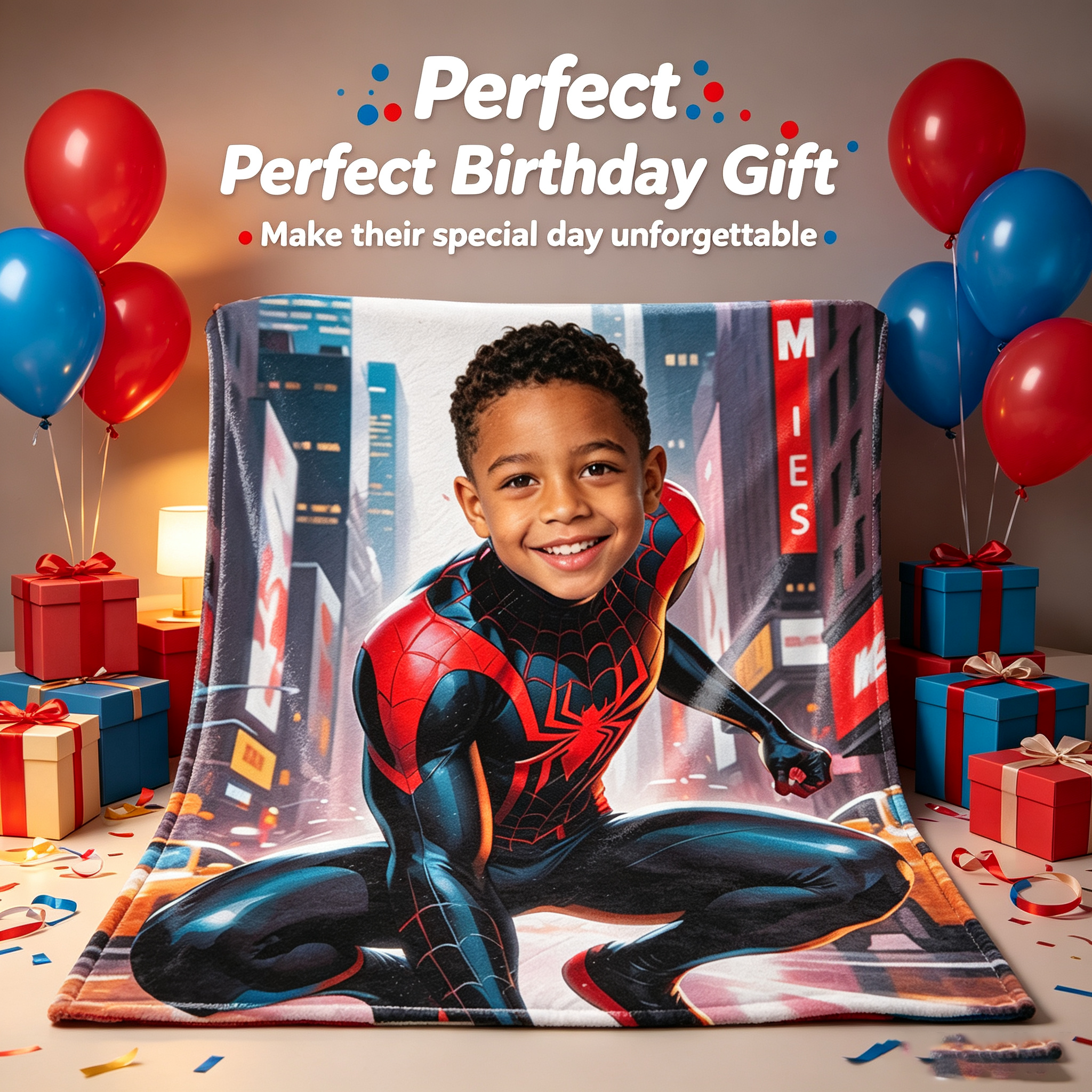 Personalized Marvel Miles Morales Fleece Blanket, Custom Upload Children Picture City Street Throw Blanket Bed Sofa Gift
