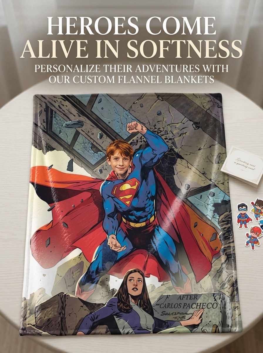 Custom Photo Superhero Flannel Fleece Blanket, Personalized Comic Character Face Throw for Kids and Adults