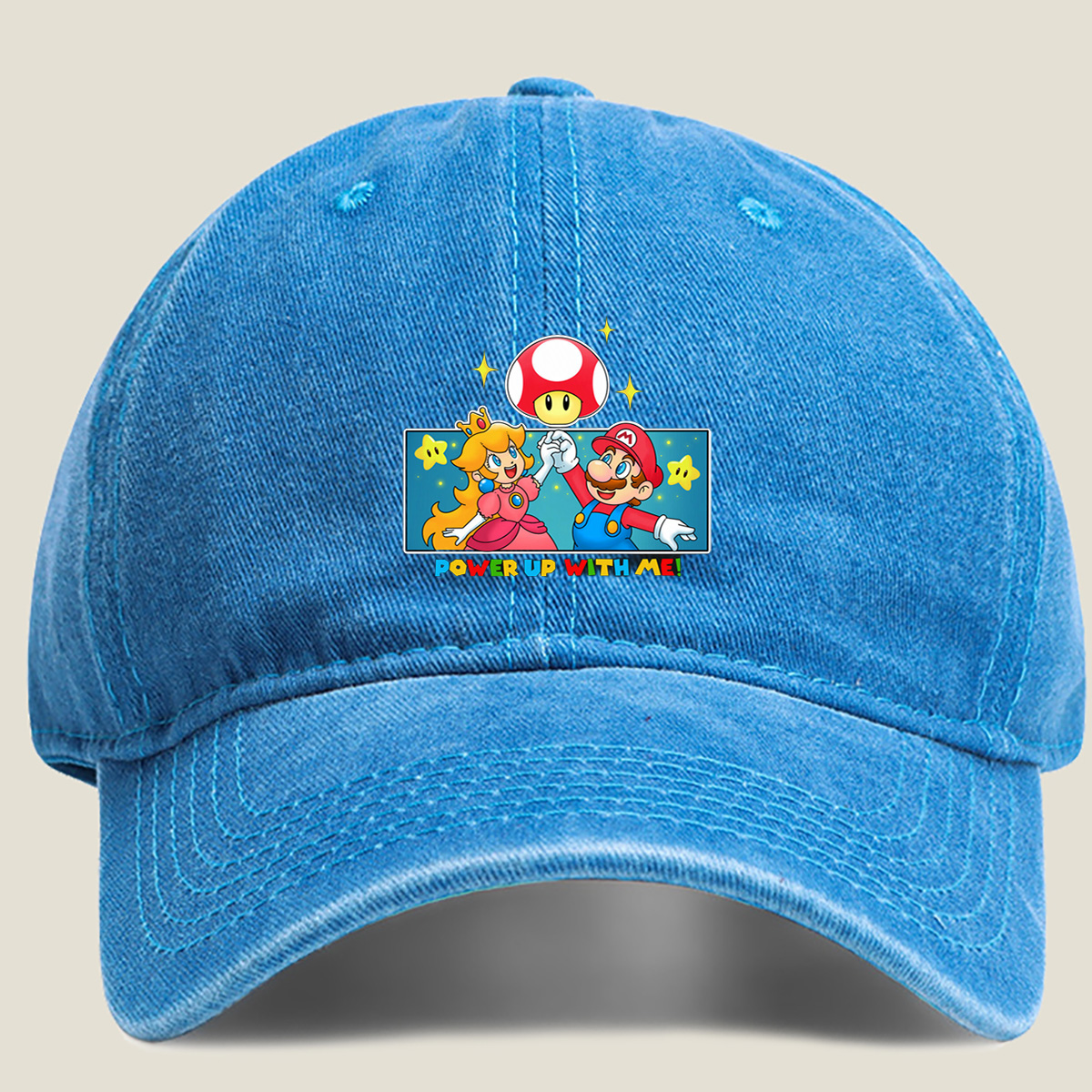 Super Mario: Mario and Peach Power Up with Toad! - Washed Denim - Baseball Cap