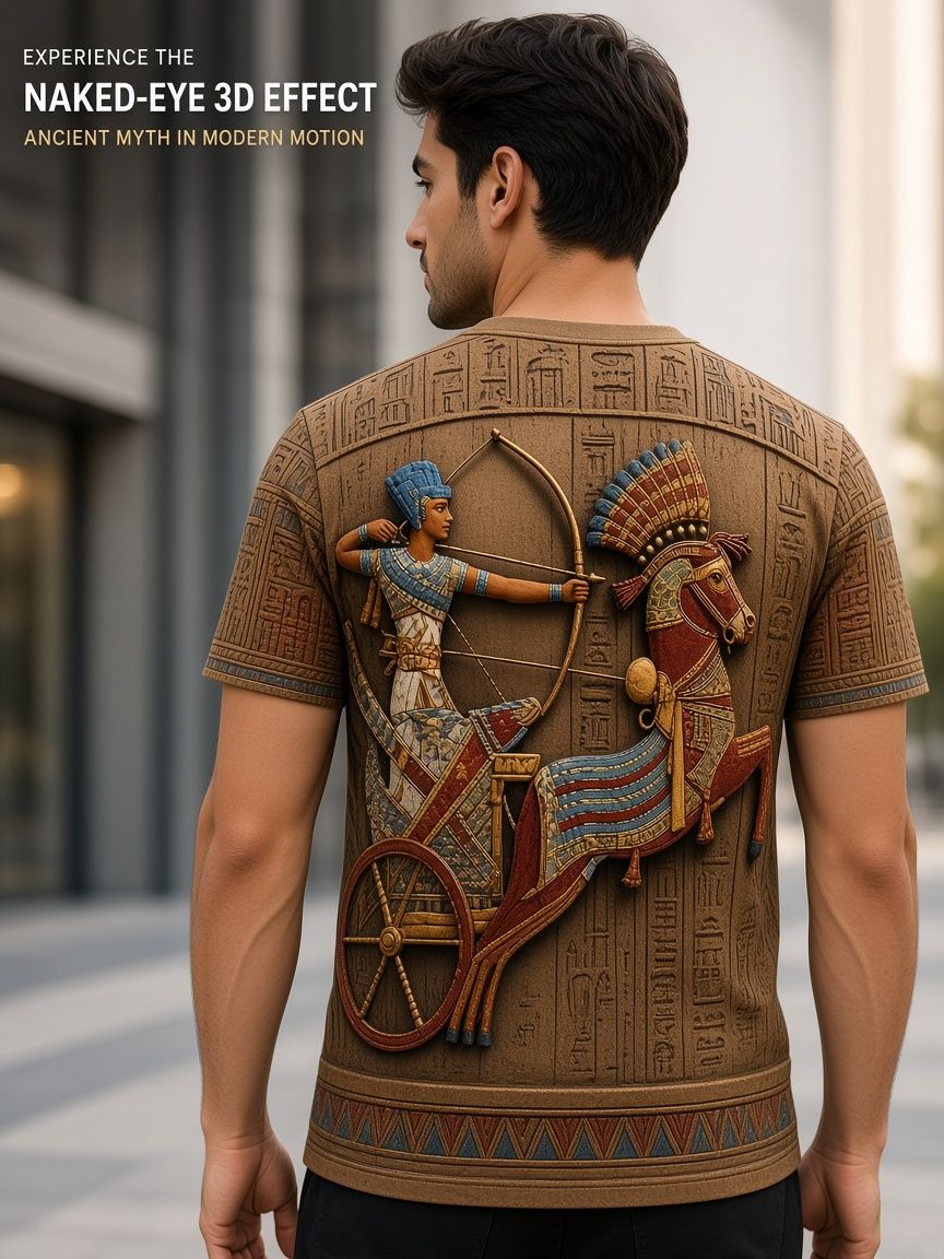 Ancient Egyptian Chariot 3D Optical Illusion Graphic Tee Breathable Athletic Mesh T-Shirt for Casual and Sports Wear