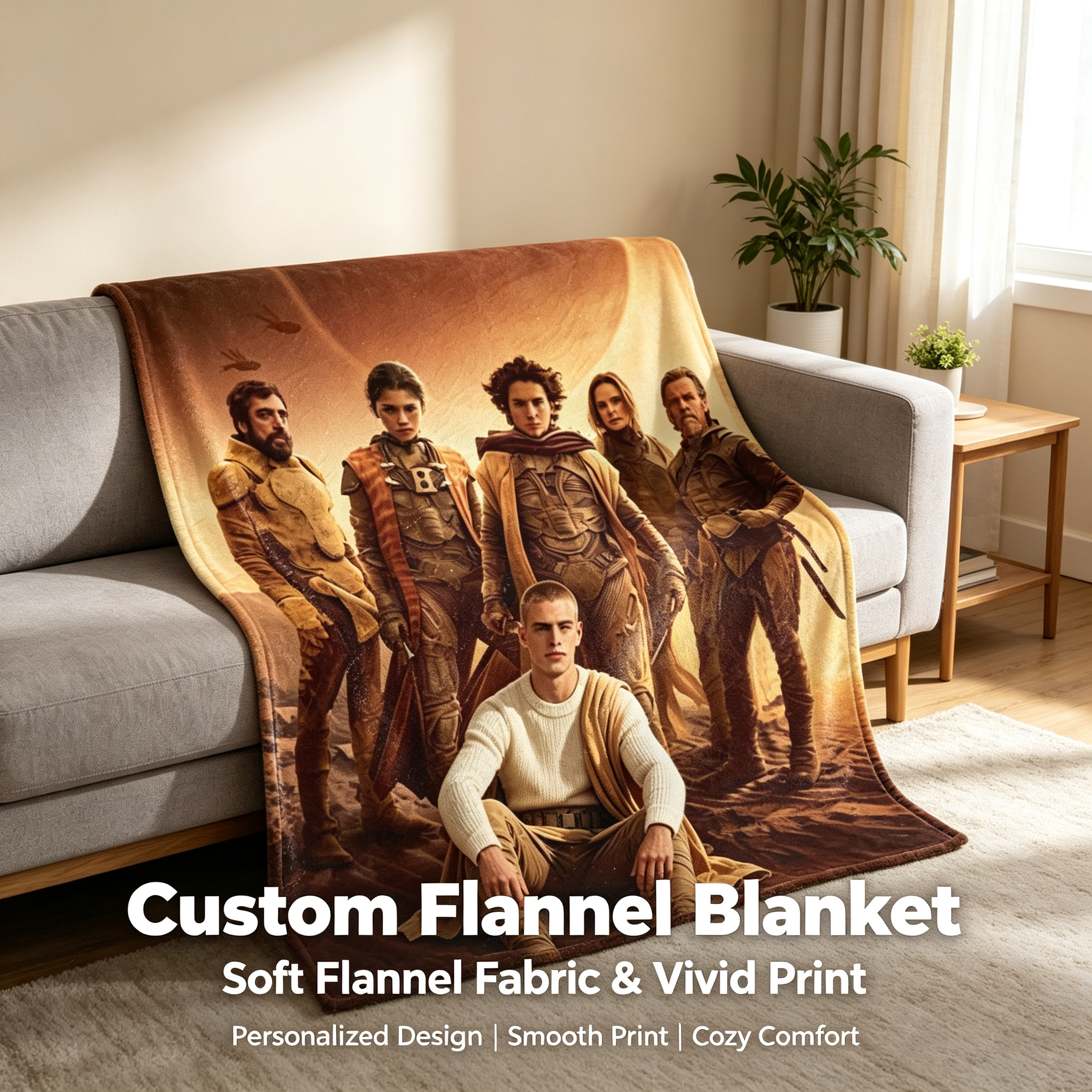 Custom Face Blanket Dune Movie Characters Flannel Blanket for Couch, Bed, or Travel – Perfect Gift or Giveaway for Sci-Fi Fans