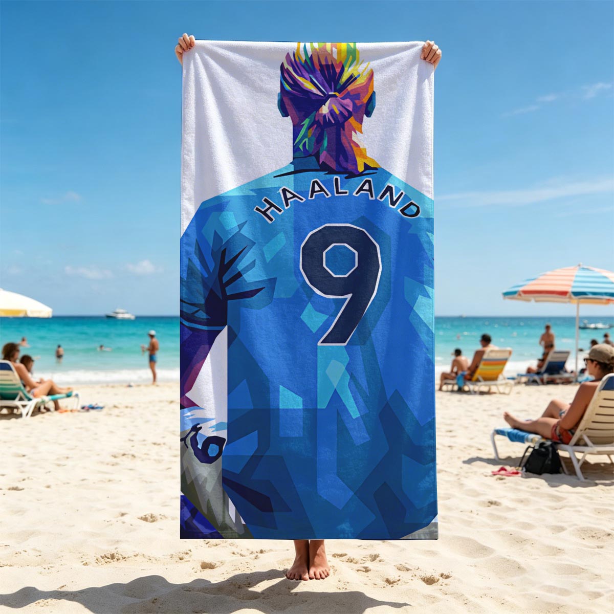 Haaland in Blue Jersey, Number 9, Sitting Back View - Beach towels