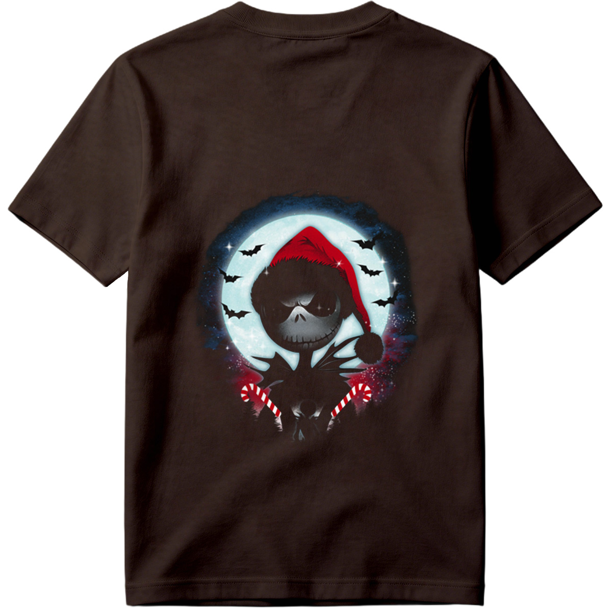 Jack Skellington in Santa Hat with Candy Canes Against Moonlit Sky - Tee