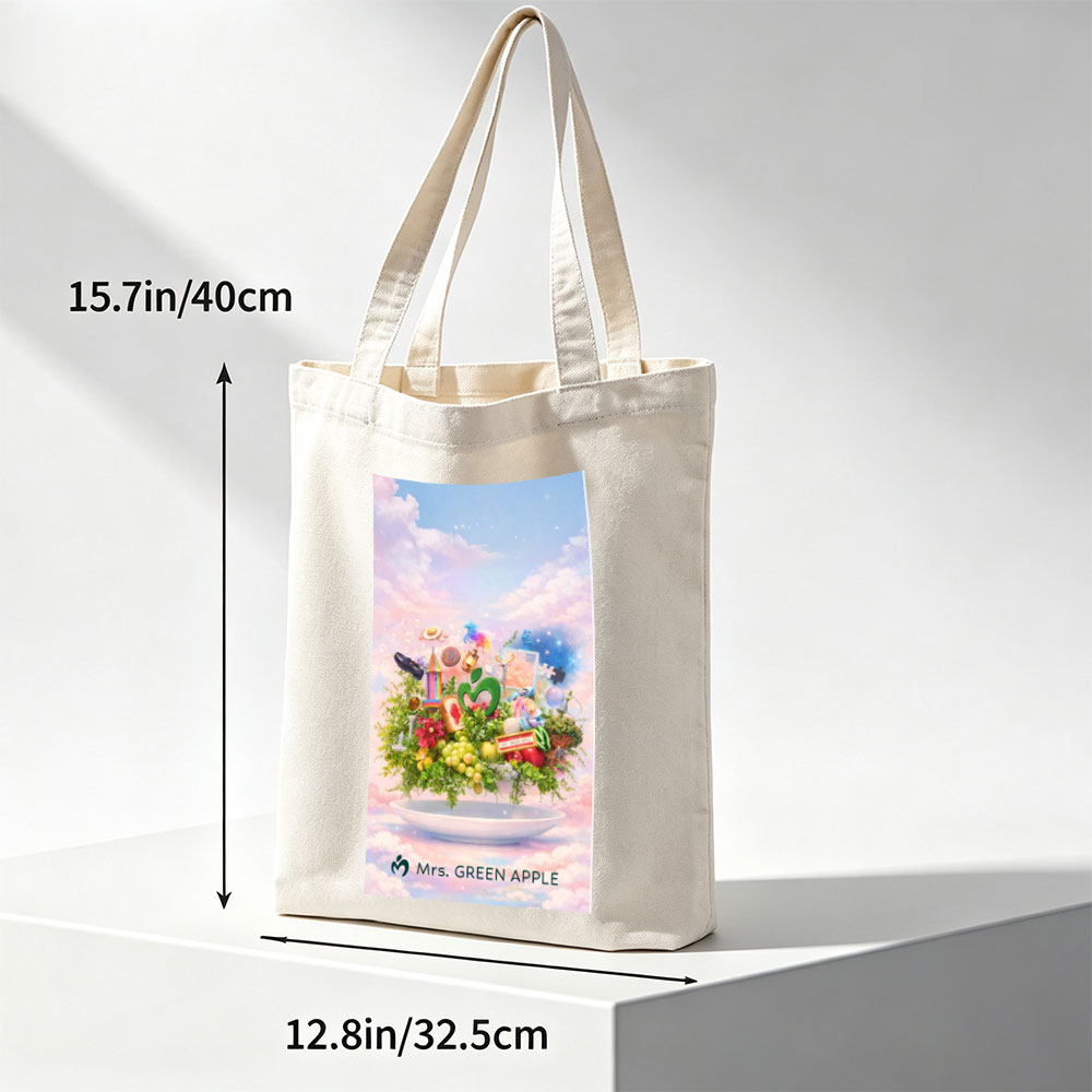 Mrs. GREEN APPLE Fantasy Garden Scene with Colorful Objects and Nature Elements on a Plate - Canvas tote bags