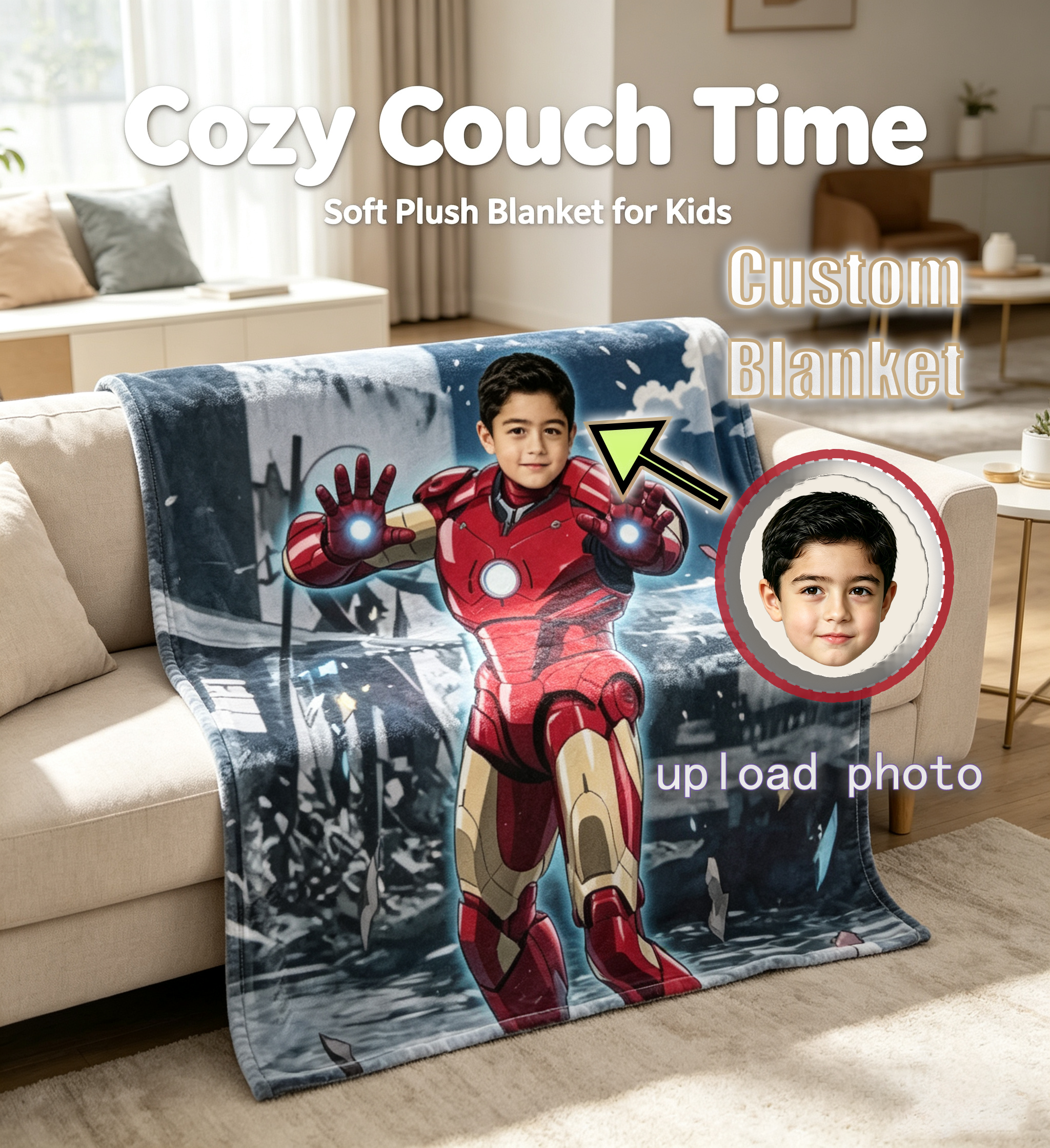 Personalized Iron Superhero Kids Blanket - Custom Face Soft Plush Throw 2.