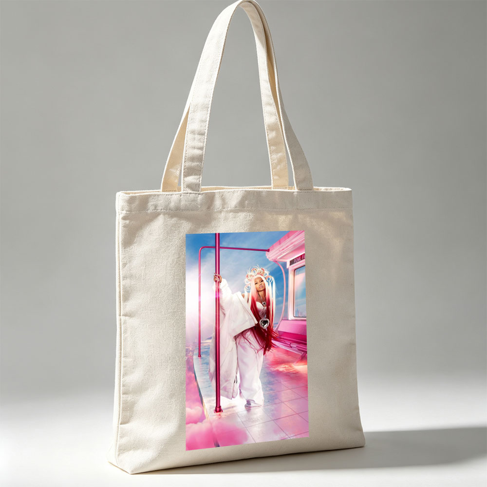 Nicki Minaj in a Pink Fantasy Scene with Futuristic Bus and Clouds - Canvas tote bags