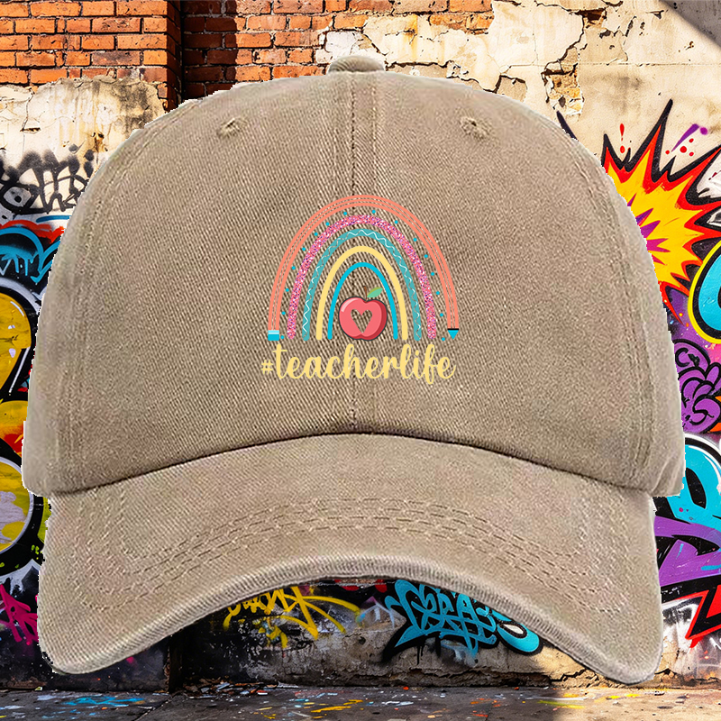 Men's Printed Washed Cap with Rainbow Apple and #teacherlife Design - Casual Round Brim Summer Lightweight Hat for Teachers and Educators