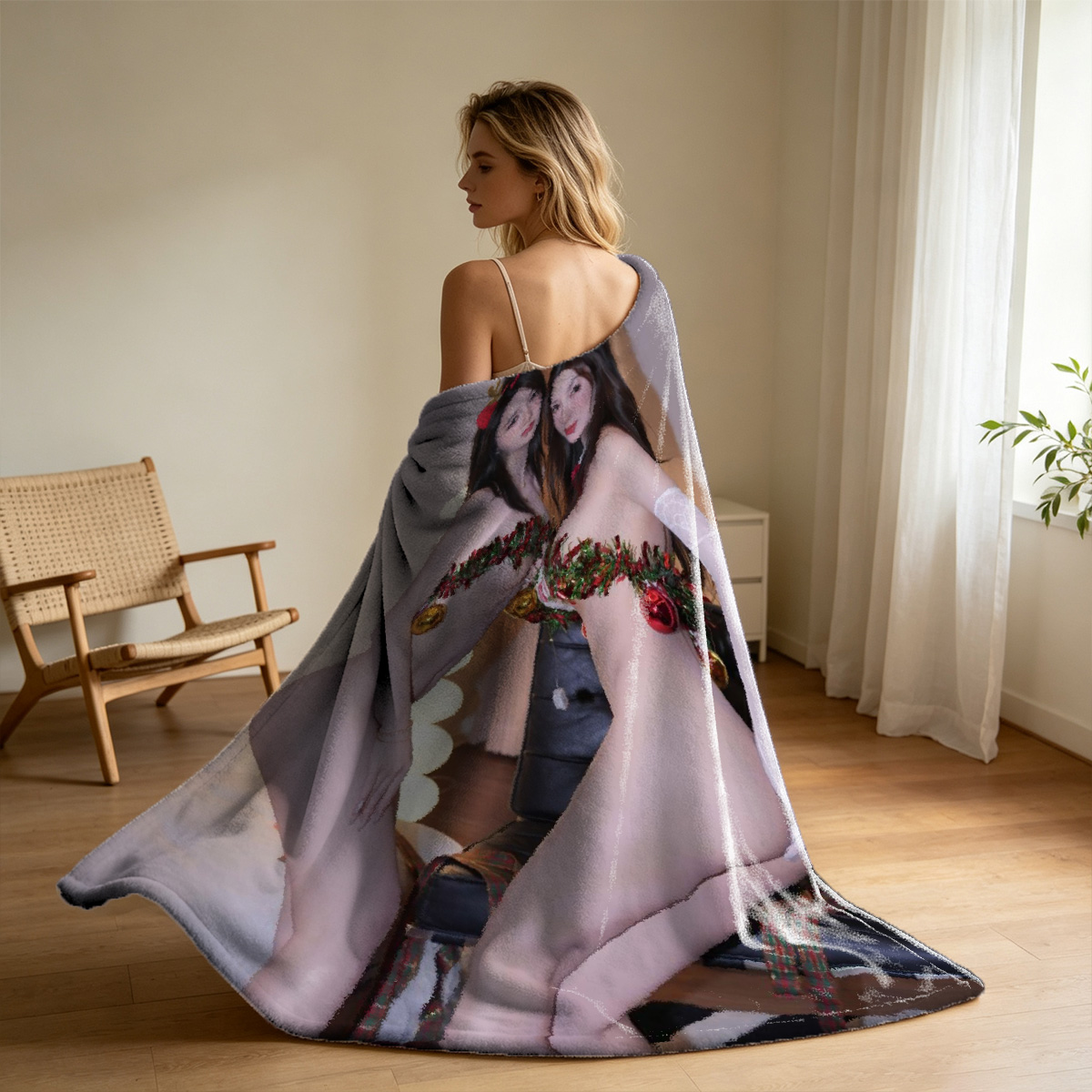 Nude woman with long hair posing on bed by window - Blanket