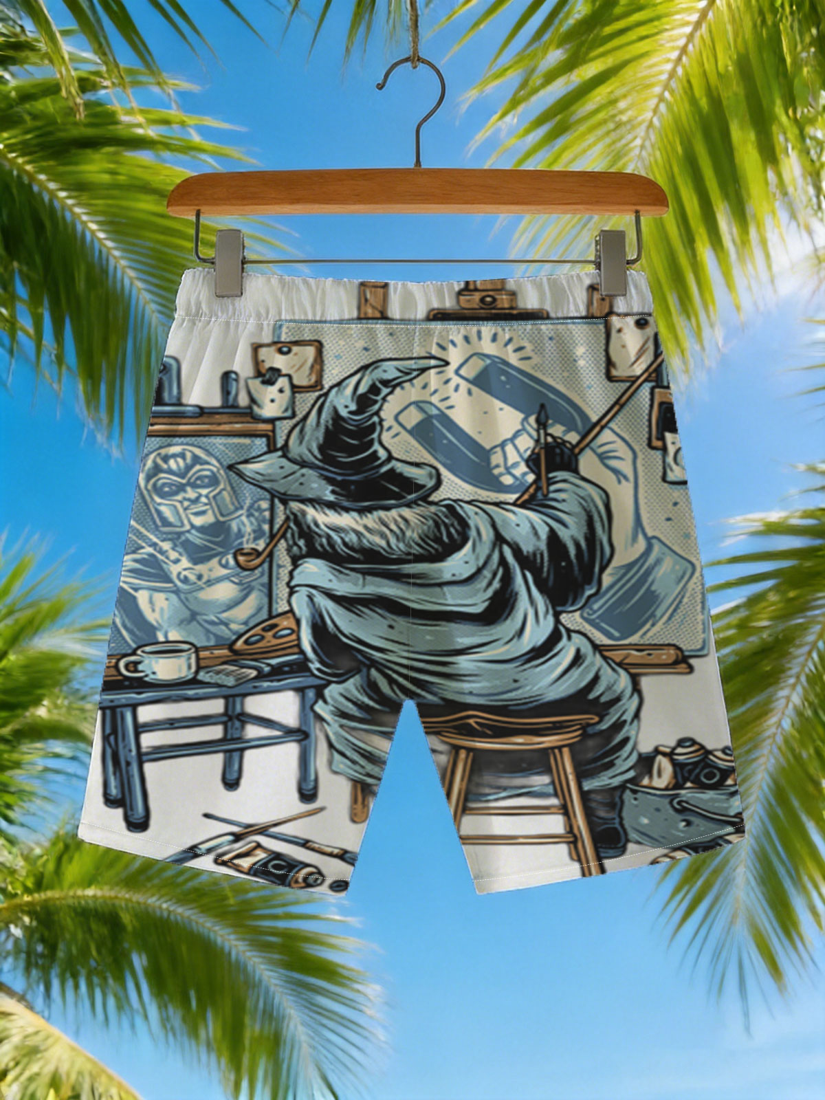 Wizard Artist Paints Loki on Canvas -  Beach shorts