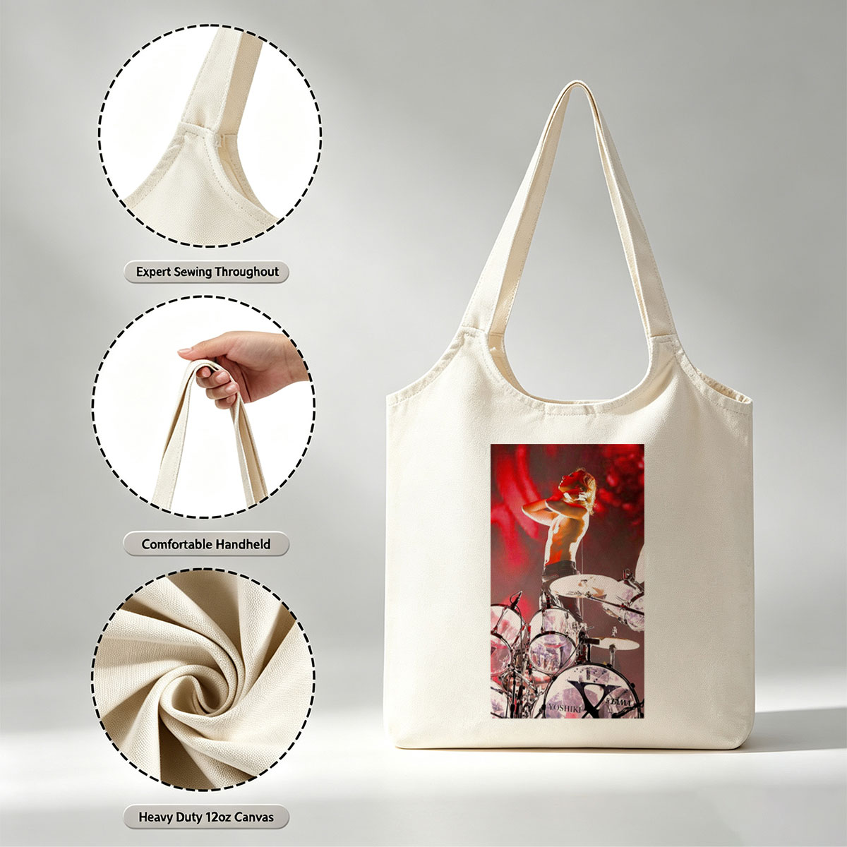 Yoshiki of X Japan on Stage Performing with Drum Set in Intense Red Lighting - Canvas shoulder bags/