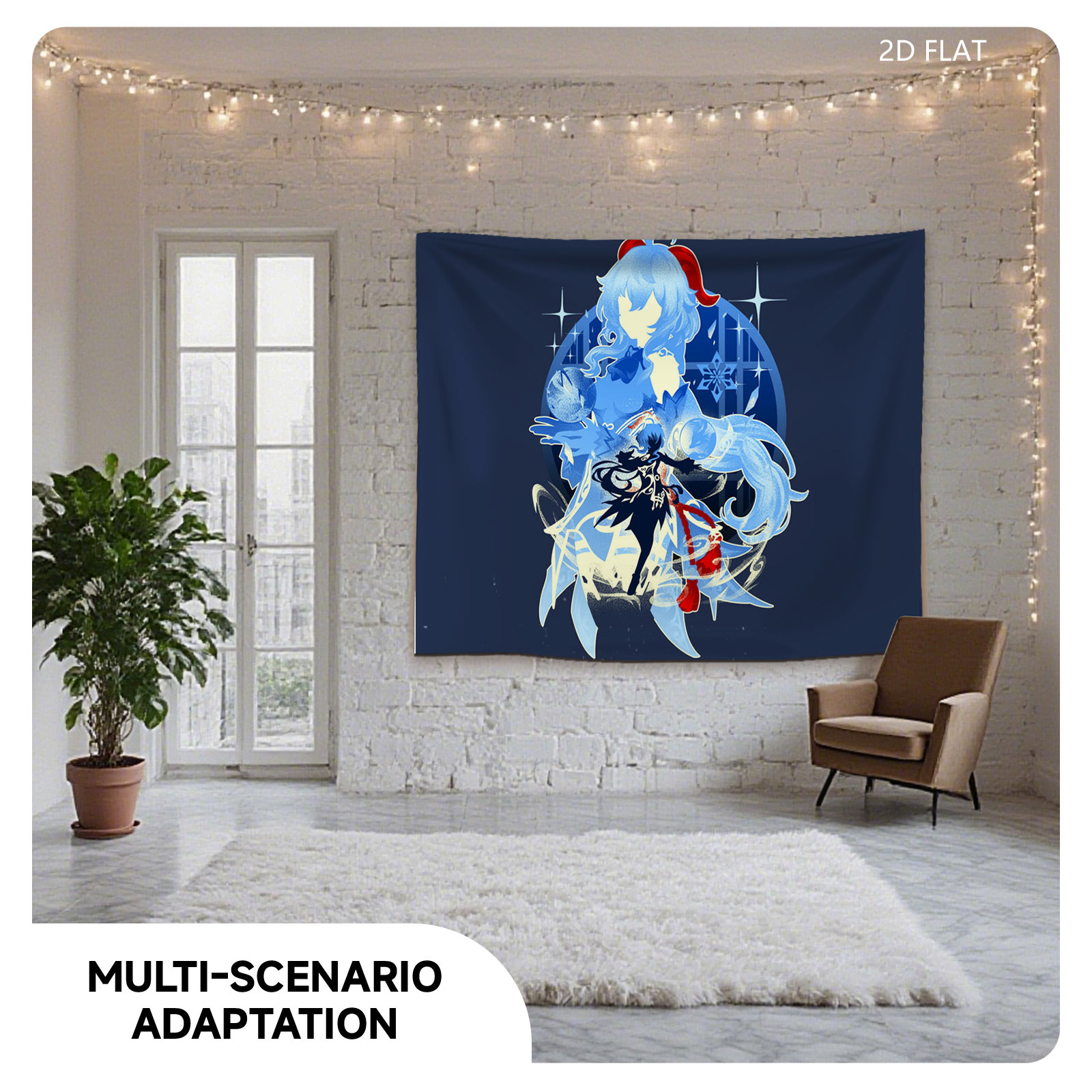 Blue-Haired Mage and Dark Warrior in Ice Magic Battle Scene - Tapestry