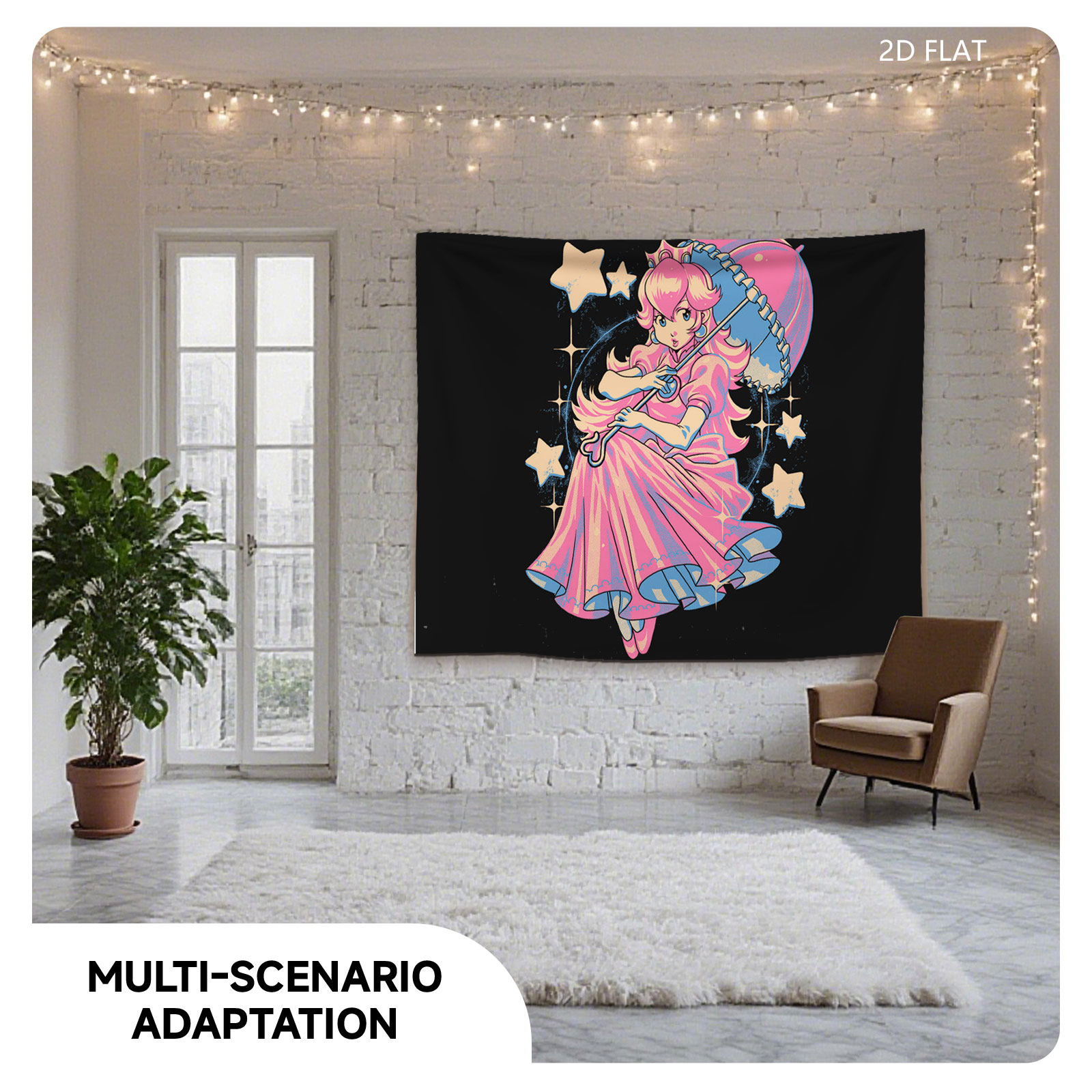 Princess Peach in Pink Gown with Umbrella and Stars - Tapestry