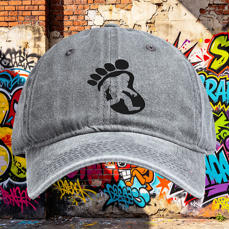 Unisex Classic Washed Cap with Bigfoot Silhouette Print - Outdoor Adventure Hat for Hiking, Camping, and Nature Enthusiasts