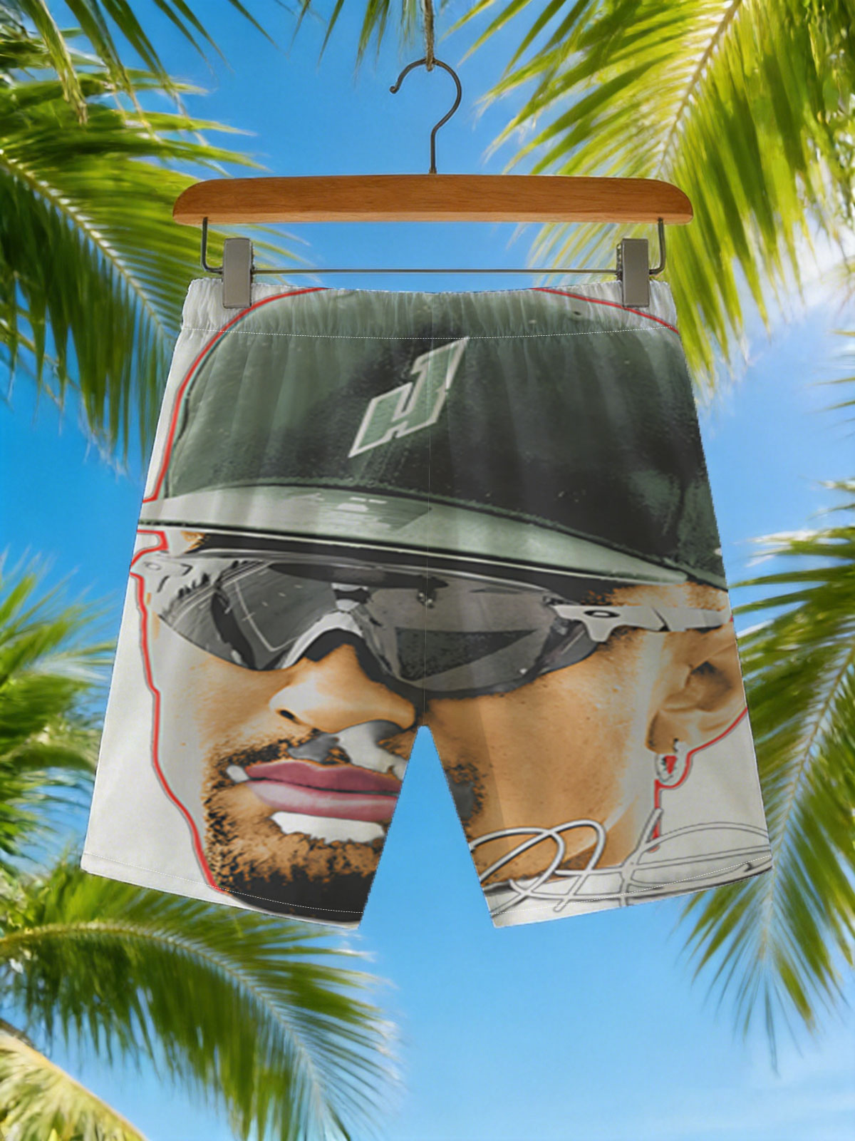 Derek Jeter in Green Cap and Sunglasses with Signature -  Beach shorts