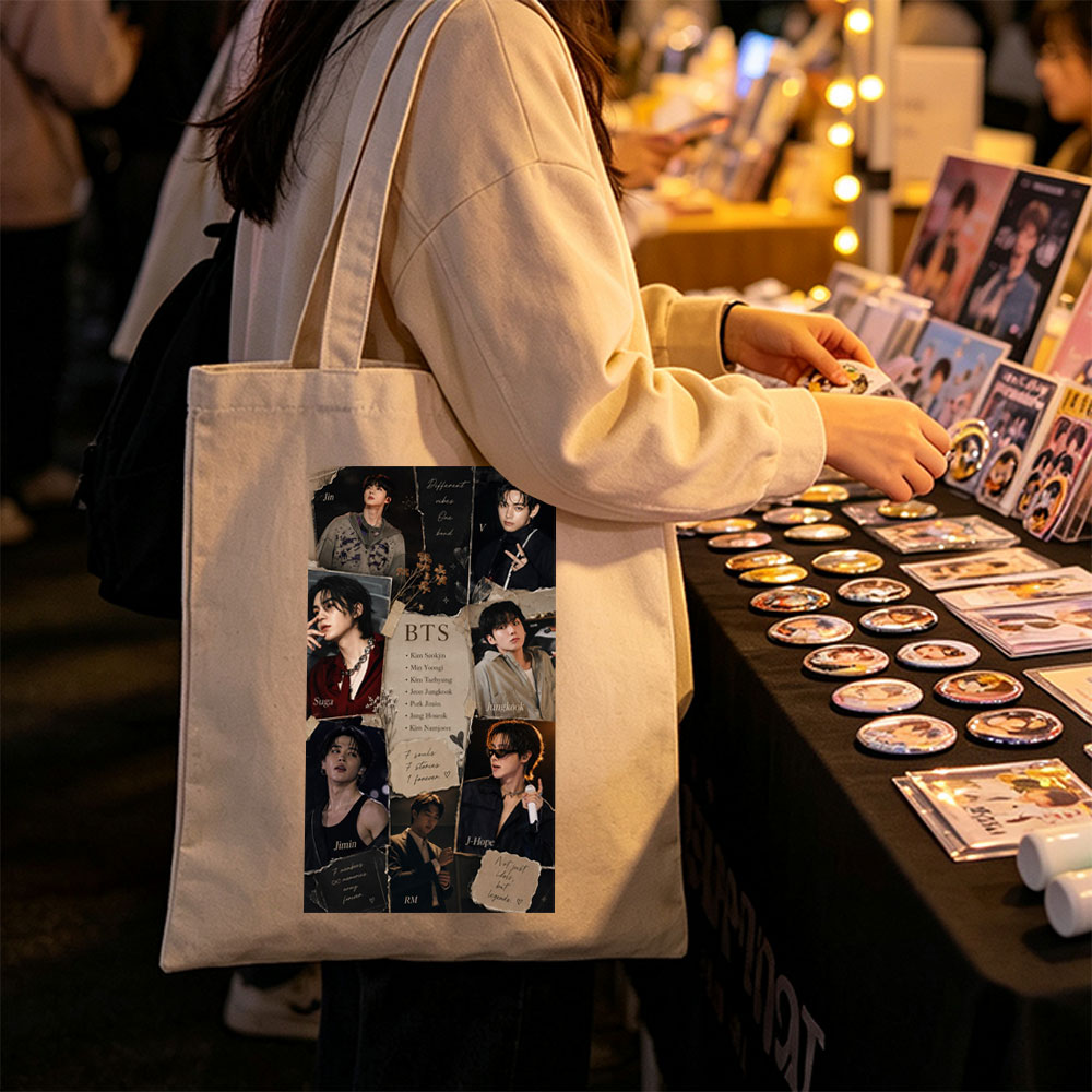 BTS Members in Various Stylish Poses and Expressions Collage - Canvas tote bags