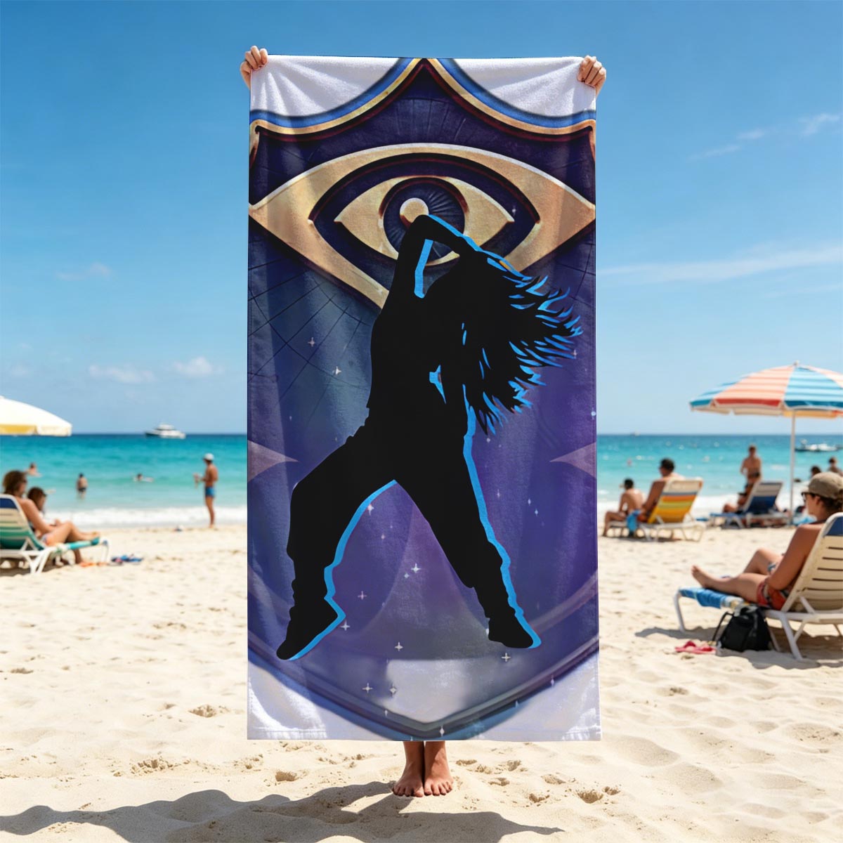 Silhouette of a dancer in front of an eye emblem, cosmic background - Beach towels