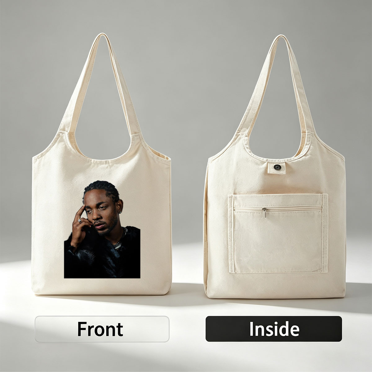 Kendrick Lamar in a Stylish Pose Wearing a Black Fur Coat and Silver Jewelry - Canvas shoulder bags/