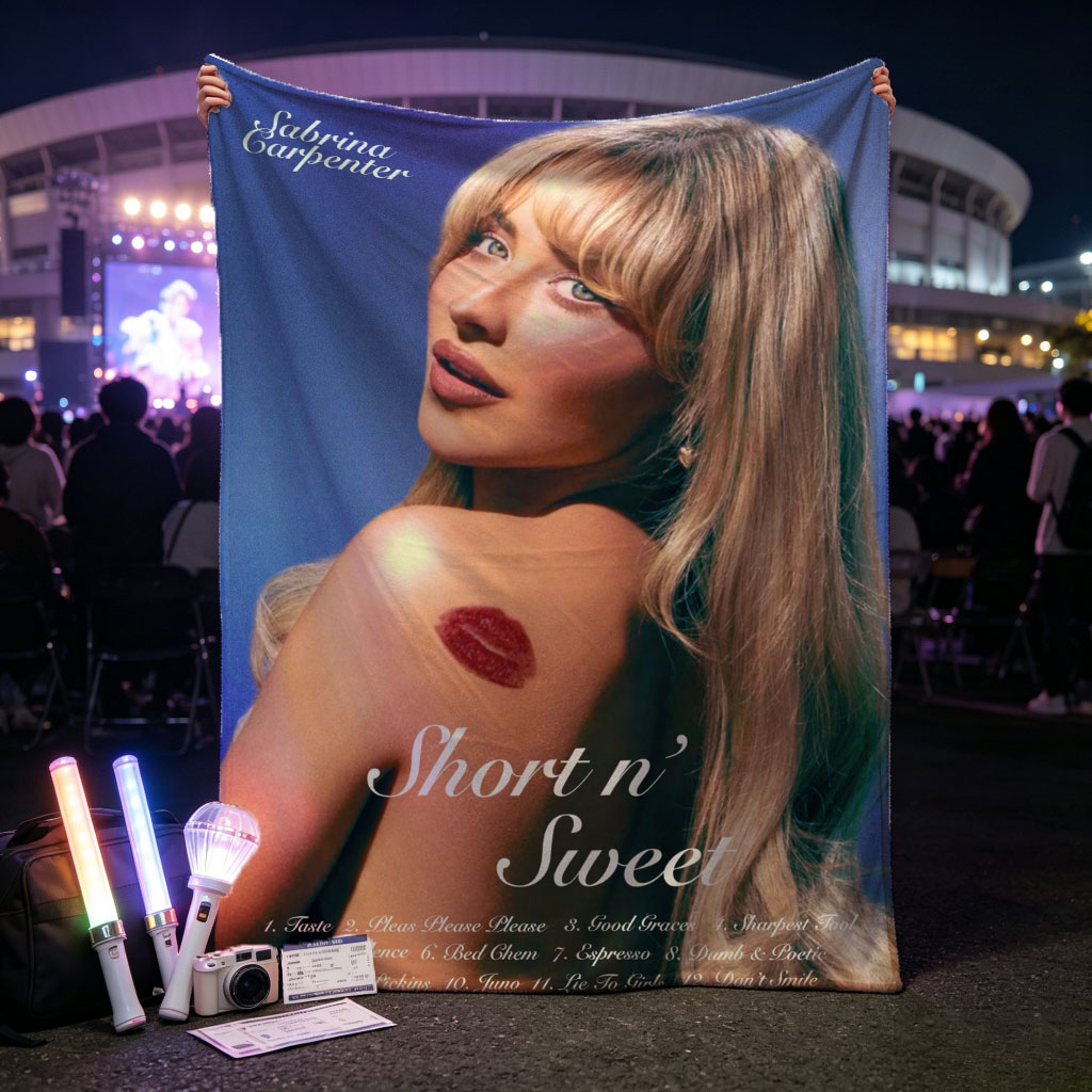 Sabrina Carpenter Album Cover Featuring Her with Lipӡ on Shoulder and Tracklist for Short n' Sweet - Blankets