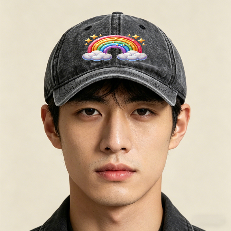 Unisex Classic Washed Cap Rainbow Clouds Print - Perfect for Casual Outings, Beach, and Daily Wear - Ideal for Youth and Adults Seeking Fun, Colorful Style