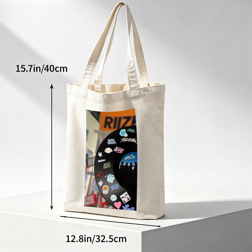 RIIZE Vinyl Record with Member Stickers and Band Logo Displayed in Store Window - Canvas tote bags