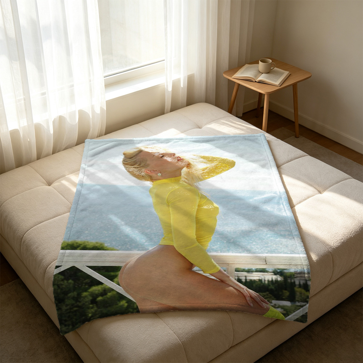 Nude woman with long curly hair posing from behind in luxury bedroom. - Blanket