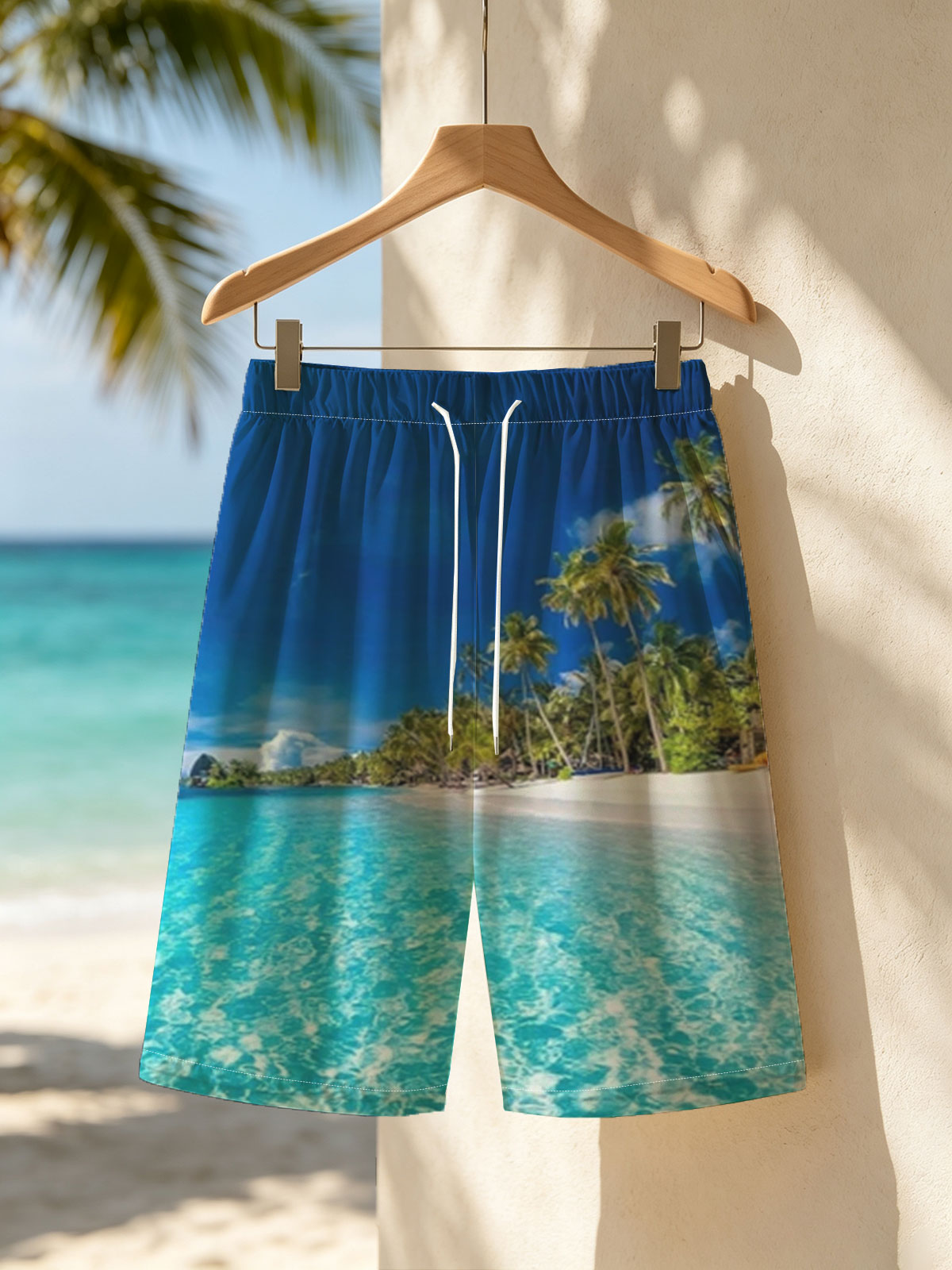 Crystal Clear Waters and Palm Trees on a Tropical Beach -  Beach shorts