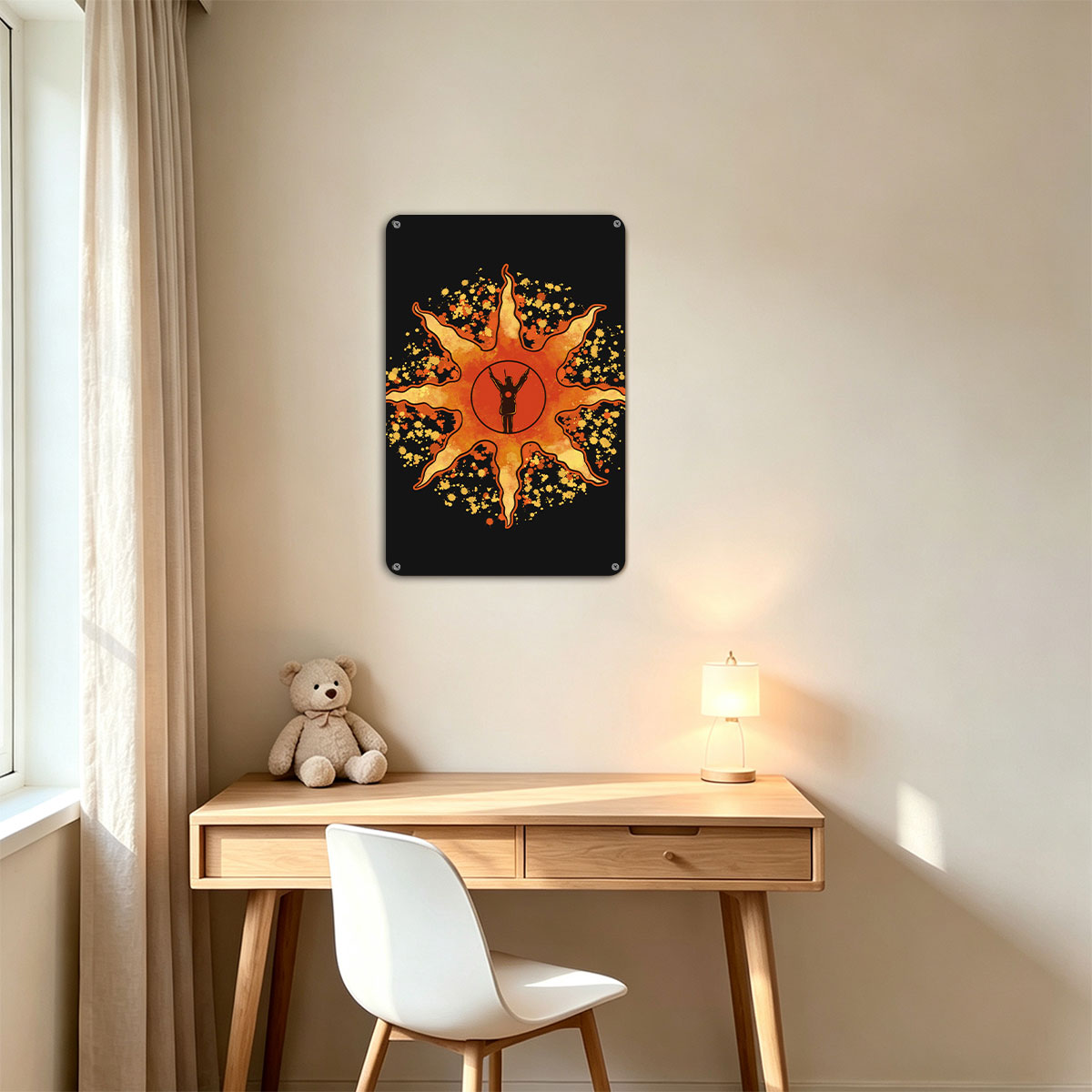 Sunburst Warrior: Silhouette in Radiant Flame - painting