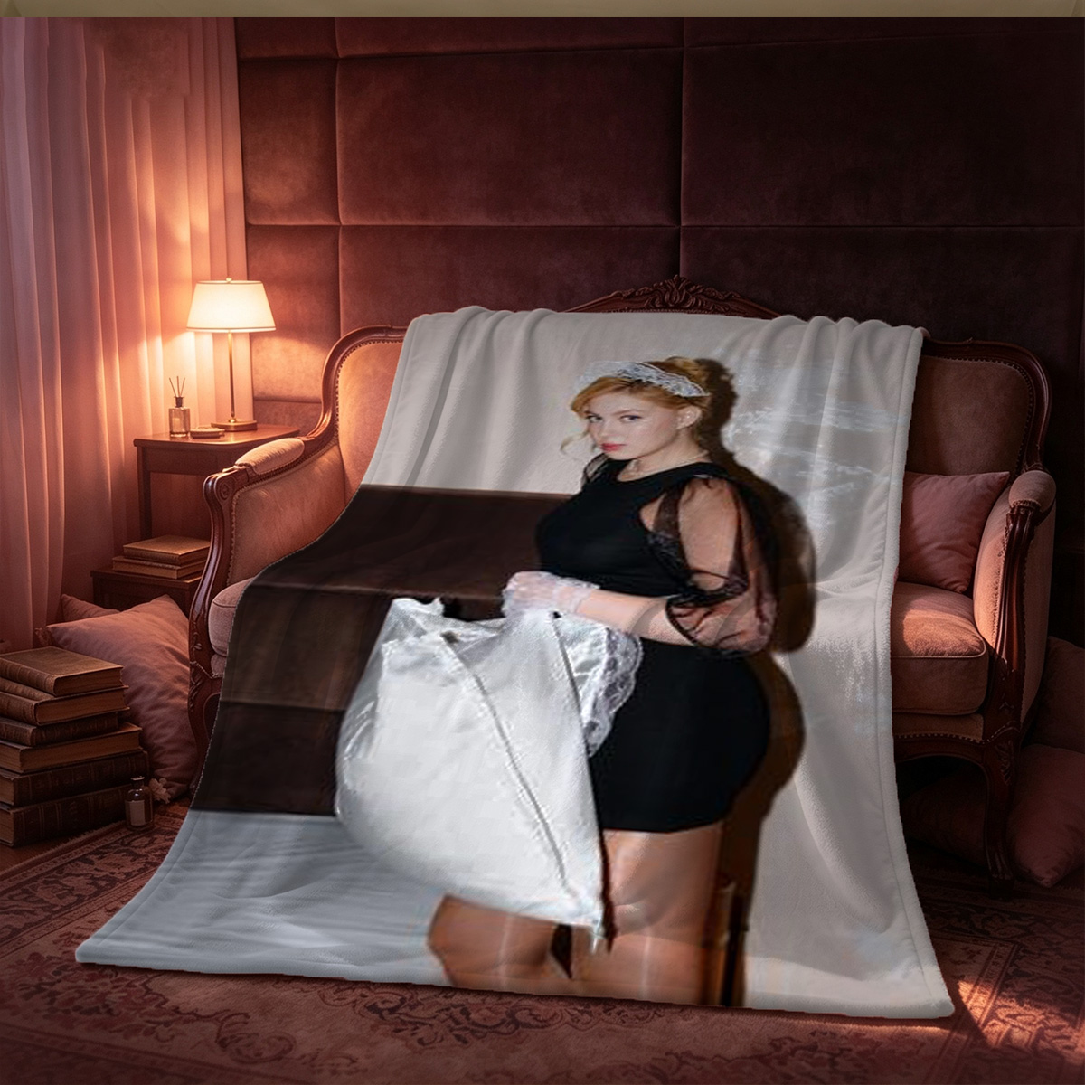 Redhead in white lingerie lying on bed. - Blanket