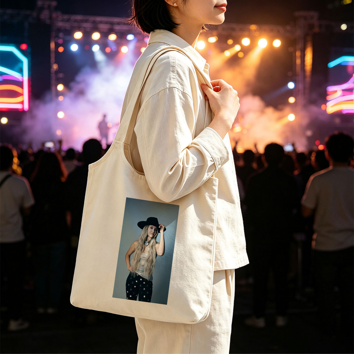 Shania Twain in a Stylish Pose Wearing a Black Hat and Polka Dot Pants - Canvas shoulder bags/