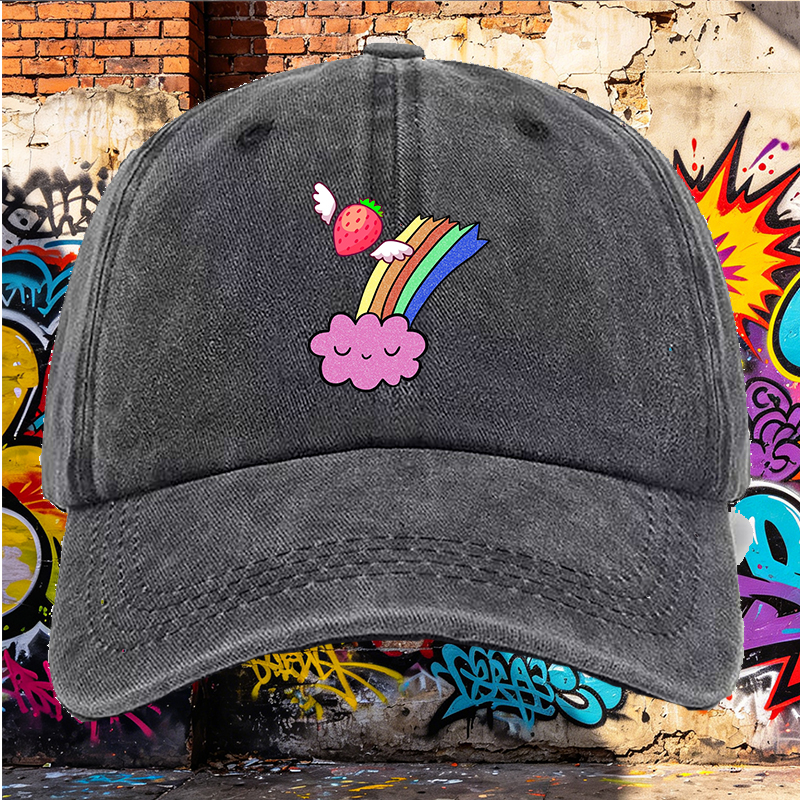 Men's Printed Washed Cap with Strawberry Wings and Rainbow Cloud Design - Casual Round Brim Summer Lightweight Hat for Outdoor Activities, Beach, Travel - Perfect for Young Adults and Trendy Streetwear Lovers