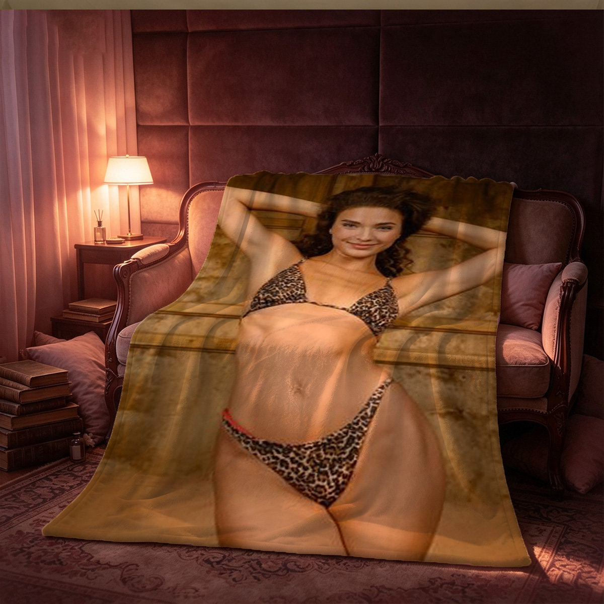 Nude beauty with long hair in black high heels bending over pink chair. - Blanket